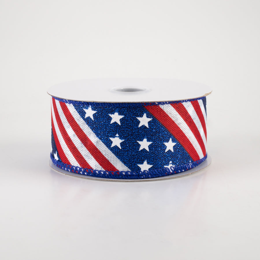 1.5" Glitter Stars & Stripes Linen Ribbon (10 Yards) Item Number: 41106-09-25