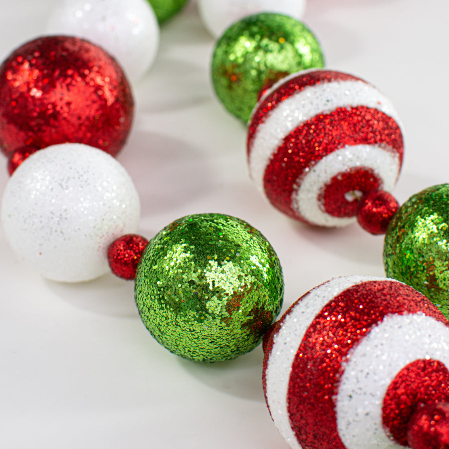 5' Glitter Stripe Ball Garland: Red, Lime, White detail photo 3