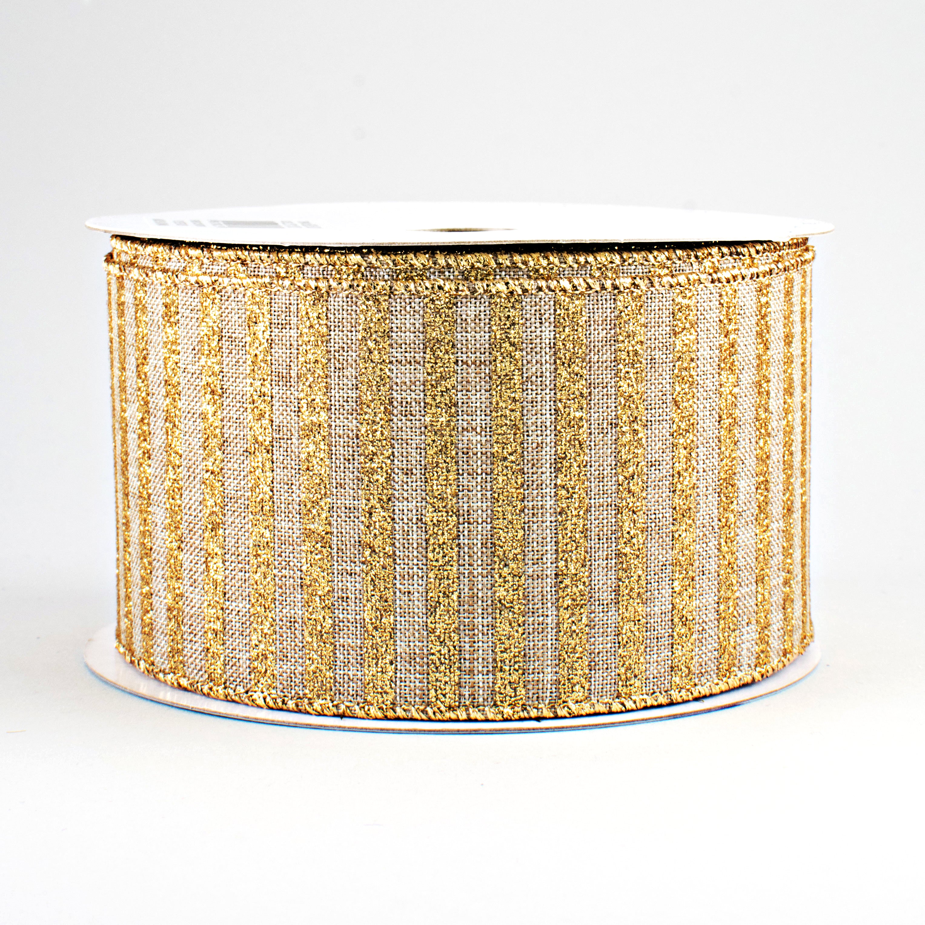 2.5" Glitter Stripe Canvas Ribbon: Beige & Gold (10 Yards)