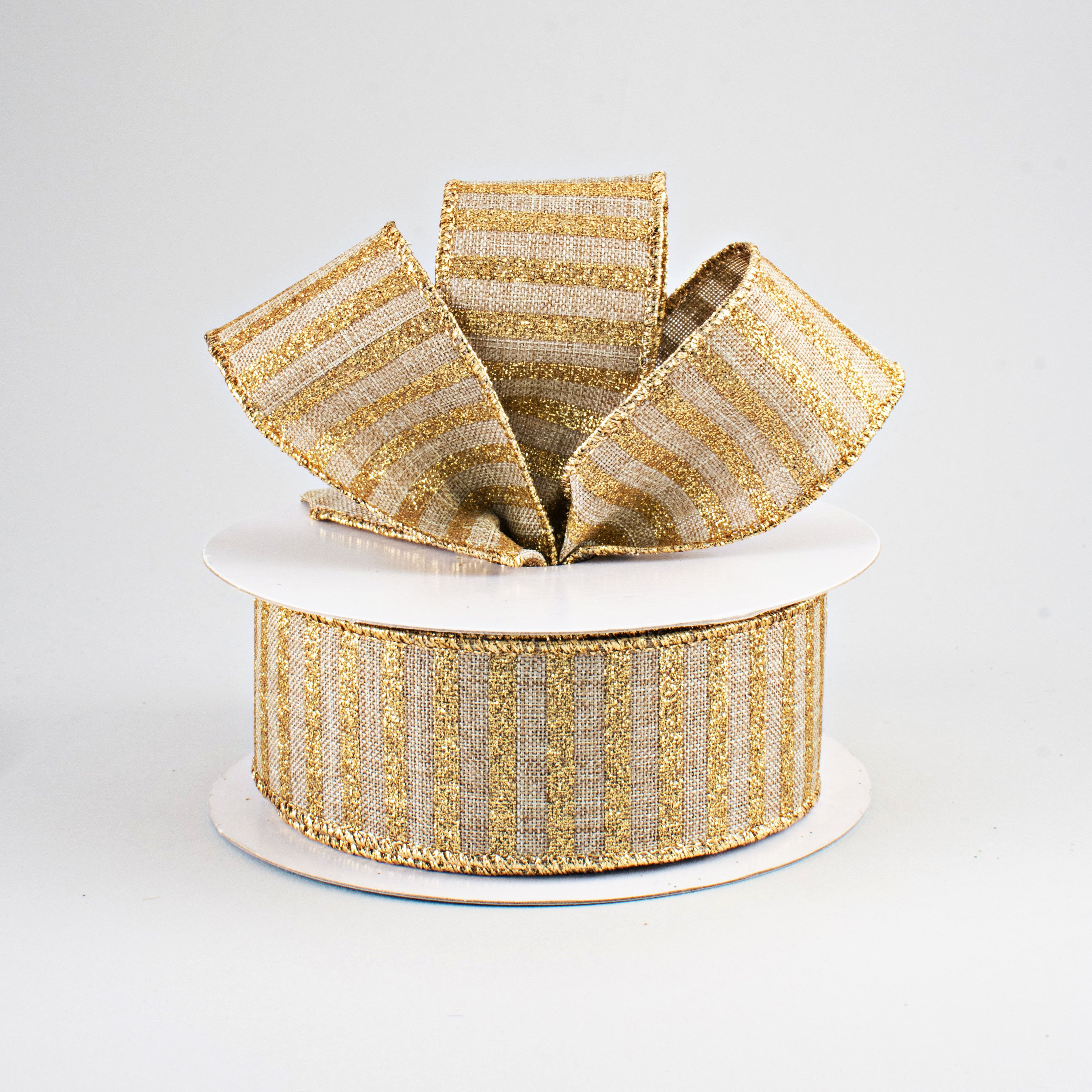 1.5" Glitter Stripe Canvas Ribbon: Beige & Gold (10 Yards) Lifestyle Photo