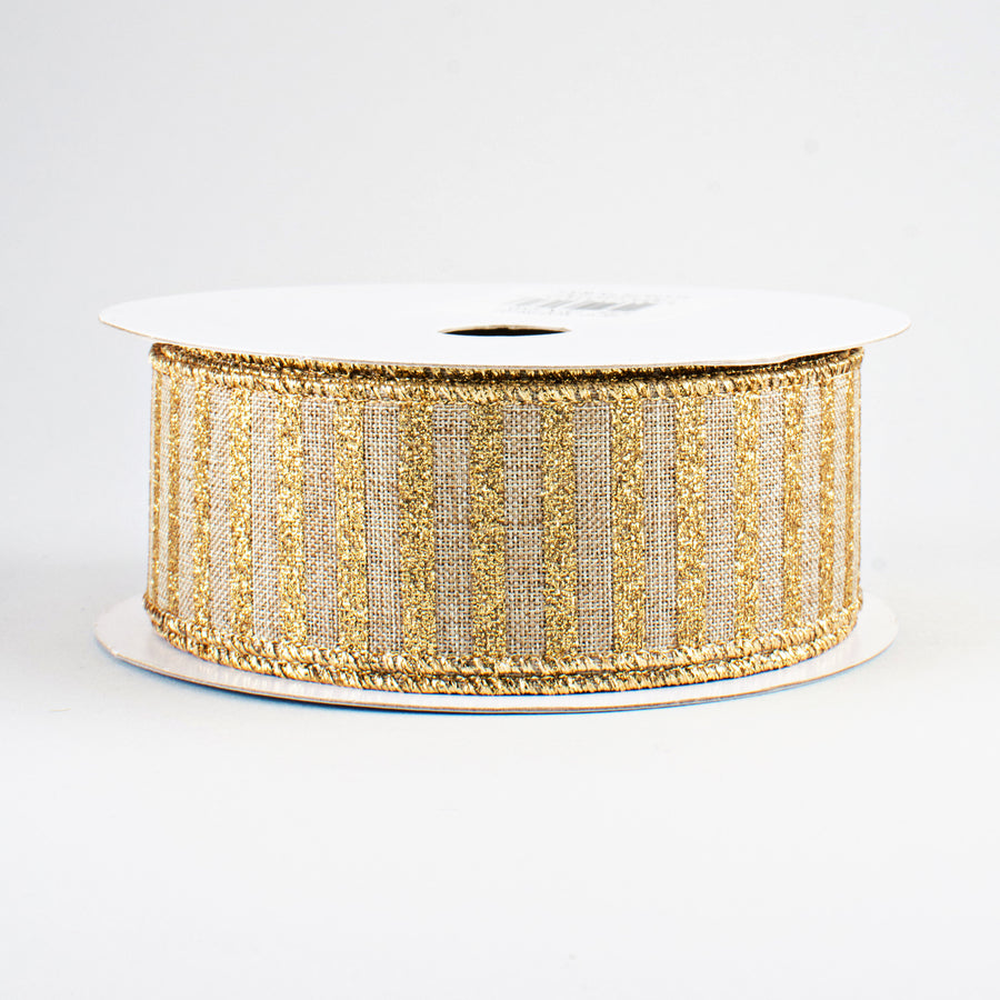 1.5" Glitter Stripe Canvas Ribbon: Beige & Gold (10 Yards)
