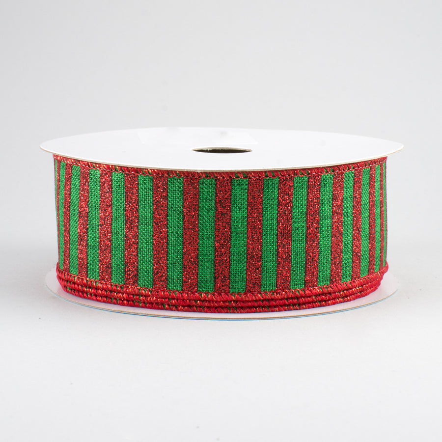 1.5" Glitter Stripe Canvas Ribbon: Emerald & Red (10 Yards)