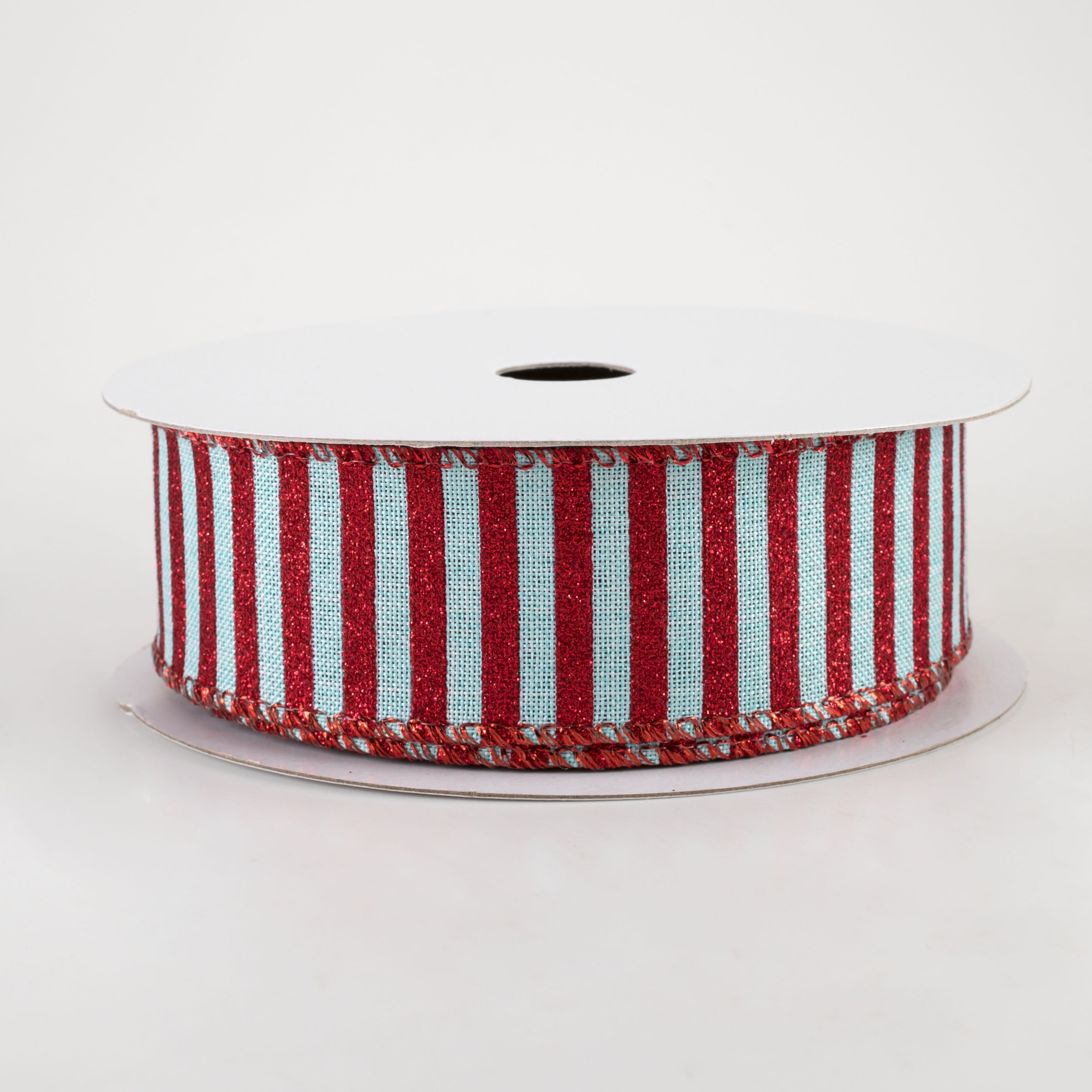 1.5" Glitter Stripe Canvas Ribbon: Ice Blue & Red (10 Yards)