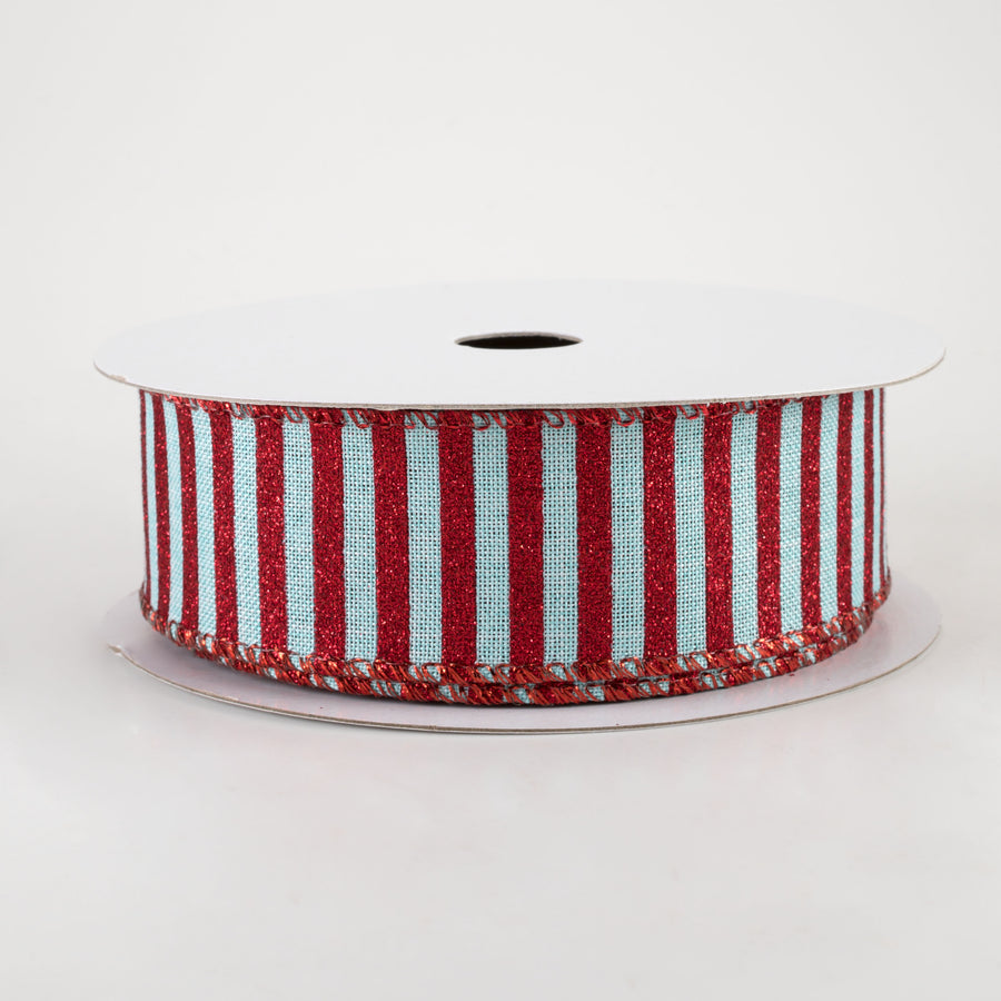 1.5" Glitter Stripe Canvas Ribbon: Ice Blue & Red (10 Yards)