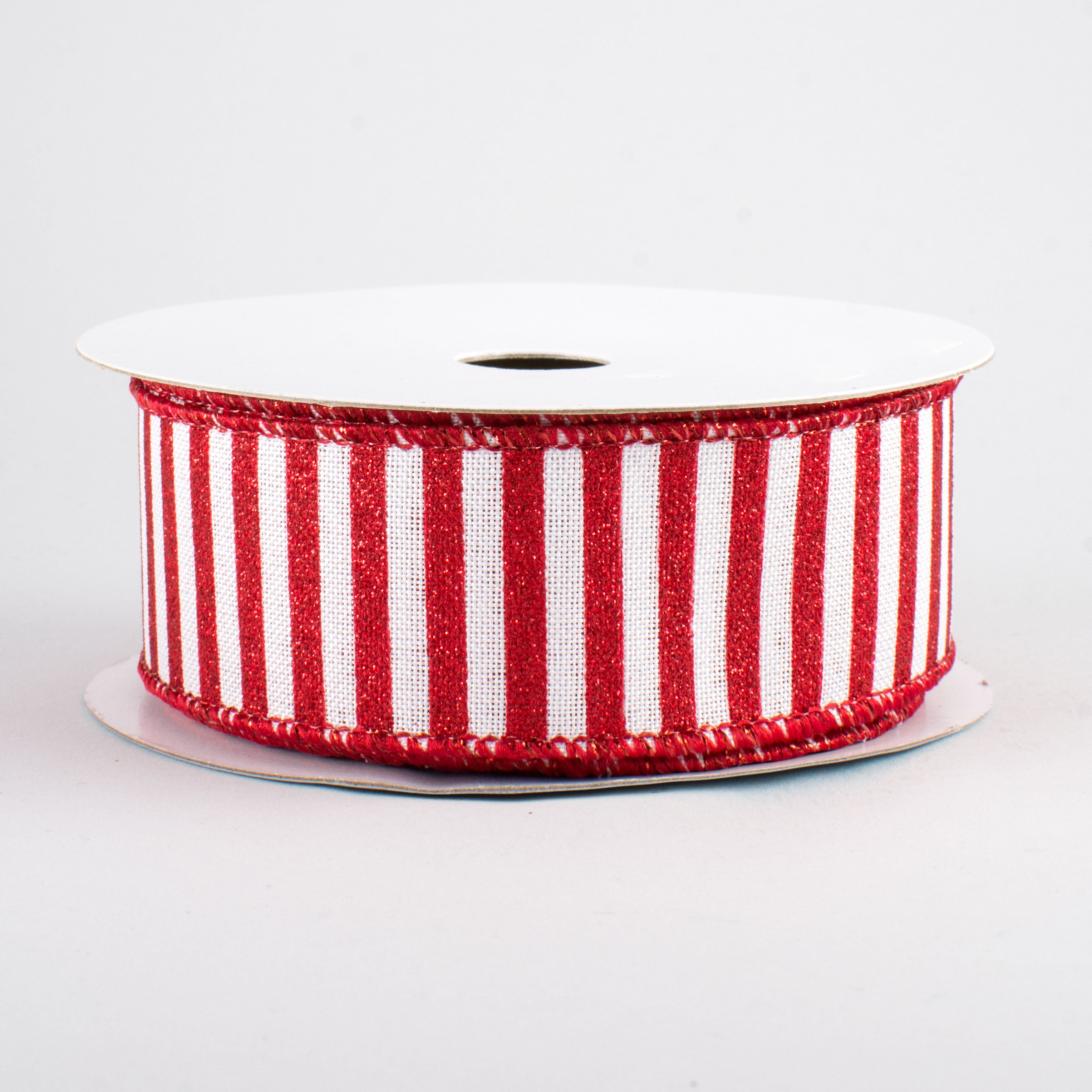 1.5" Glitter Stripe Canvas Ribbon: White & Red (10 Yards)
