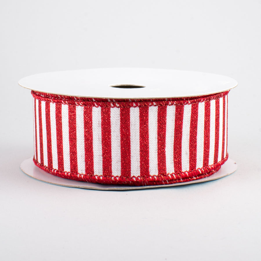 1.5" Glitter Stripe Canvas Ribbon: White & Red (10 Yards)