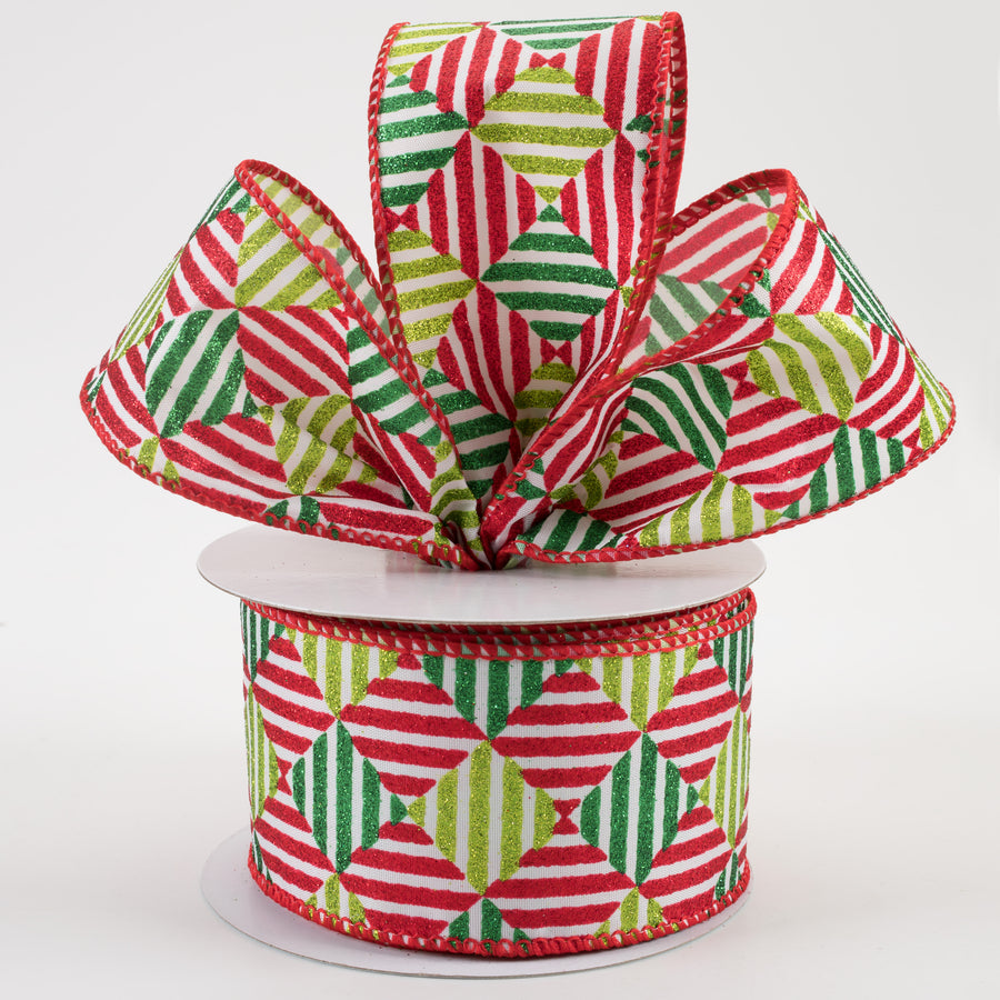 2.5" Glitter Stripe Diamond Pattern: White, Red, Emerald, Lime (10 Yards) Lifestyle Photo
