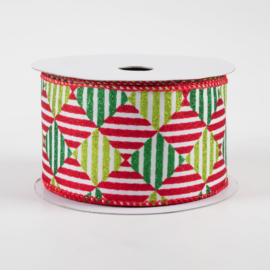 2.5" Glitter Stripe Diamond Pattern: White, Red, Emerald, Lime (10 Yards)