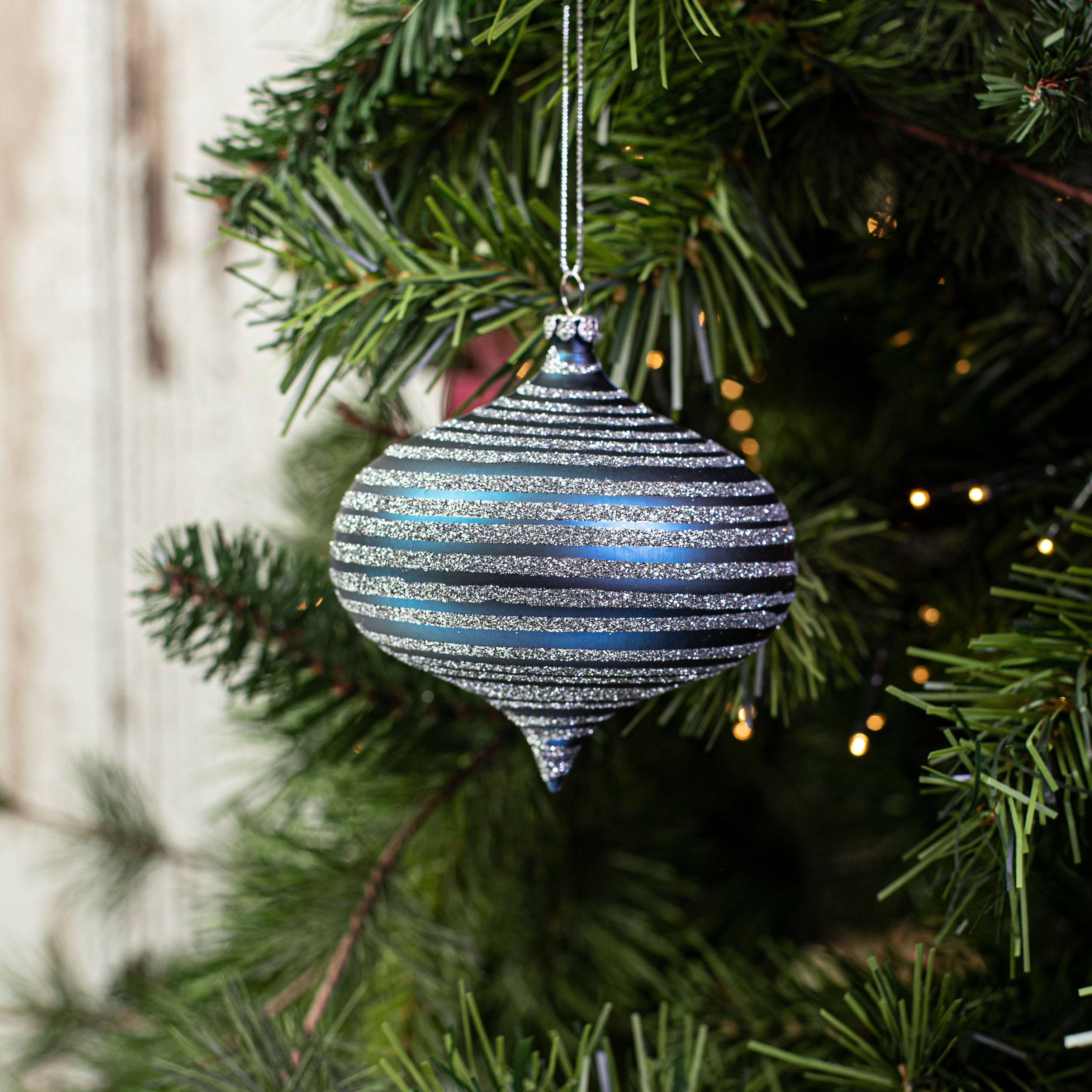 4" Glitter Stripe Onion Ornament: Blue Platinum Lifestyle Photo