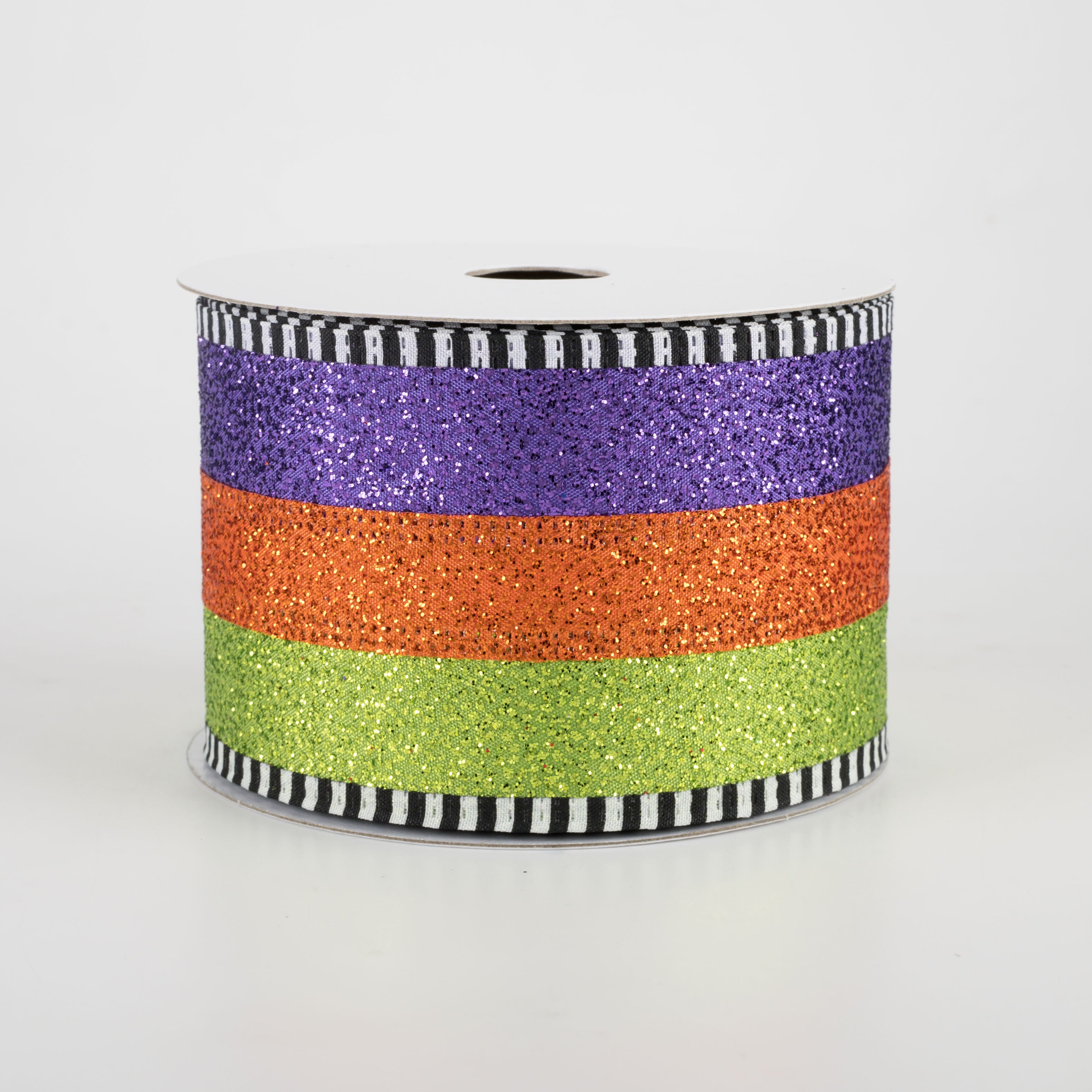 2.5" Glitter Stripe Ribbon with Dash Edge: Lime, Orange, Purple (10 Yards)