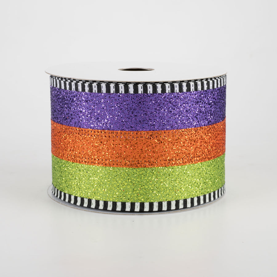 2.5" Glitter Stripe Ribbon with Dash Edge: Lime, Orange, Purple (10 Yards)