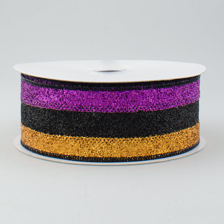 1.5" Glitter Stripe Ribbon: Purple, Black & Copper (10 Yards)