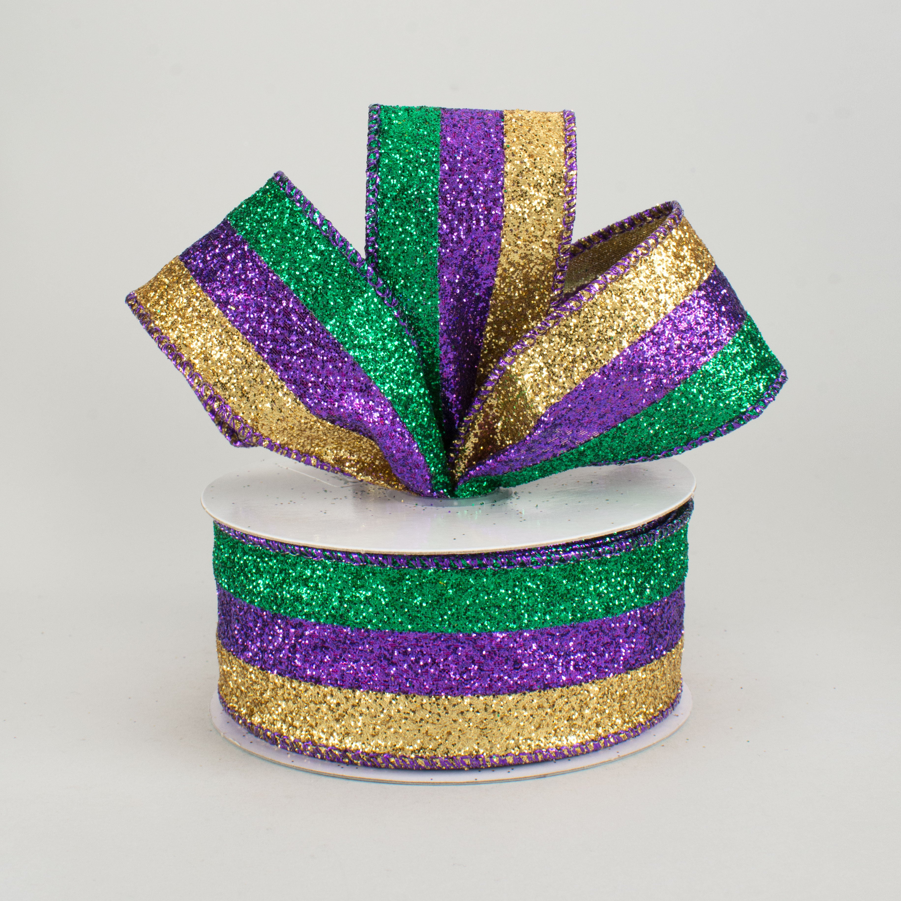 1.5" Glitter Stripe Ribbon: Purple, Green, Gold (10 Yards) Lifestyle Photo