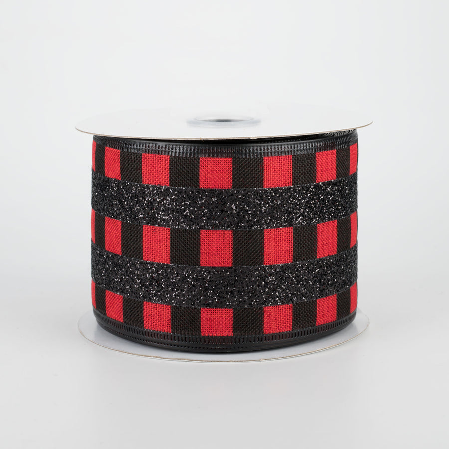 2.5" Glitter Stripes On Satin Ribbon: Black & Red (10 Yards)