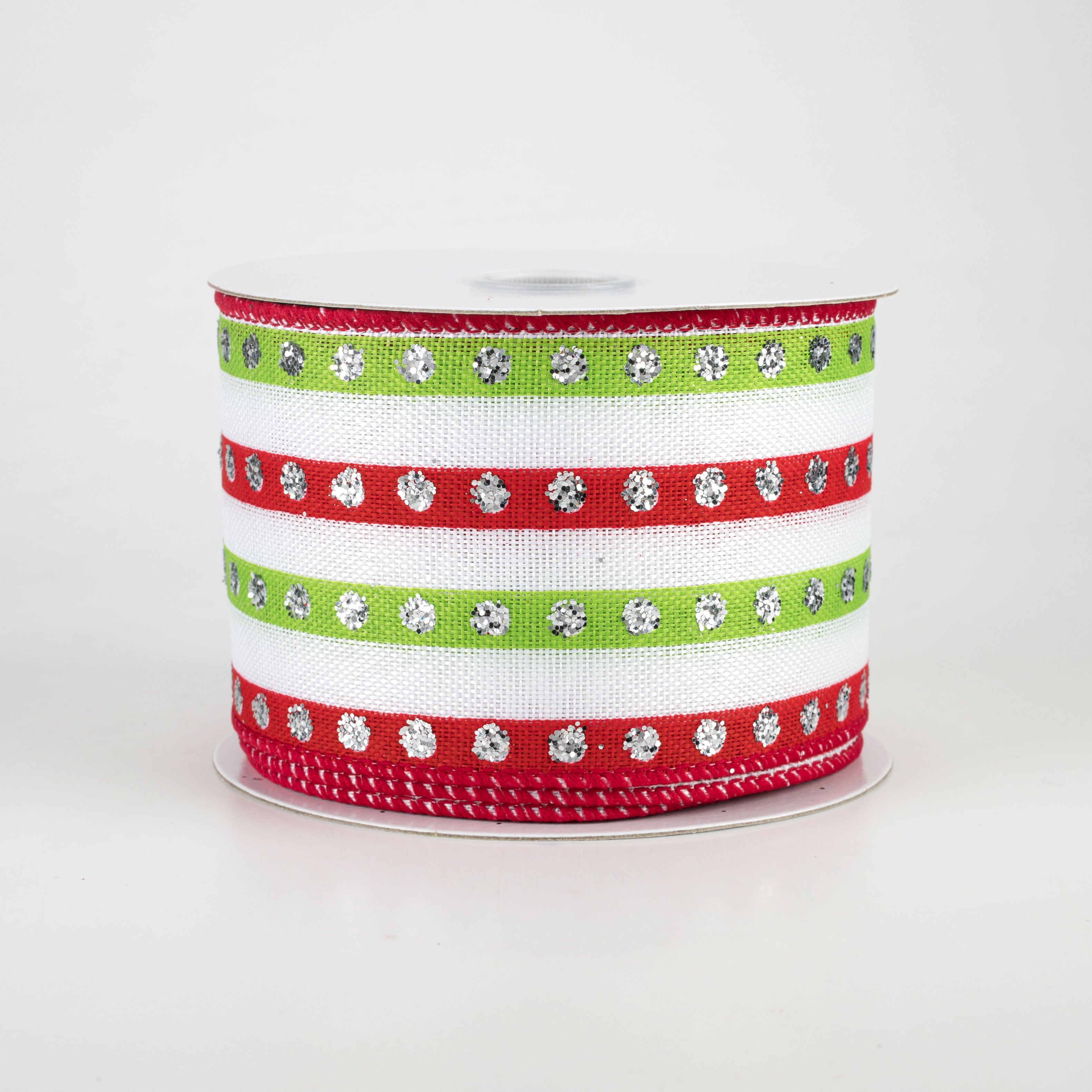 2.5" Glitter Studded Stripe Ribbon: Red & Lime (10 Yards)