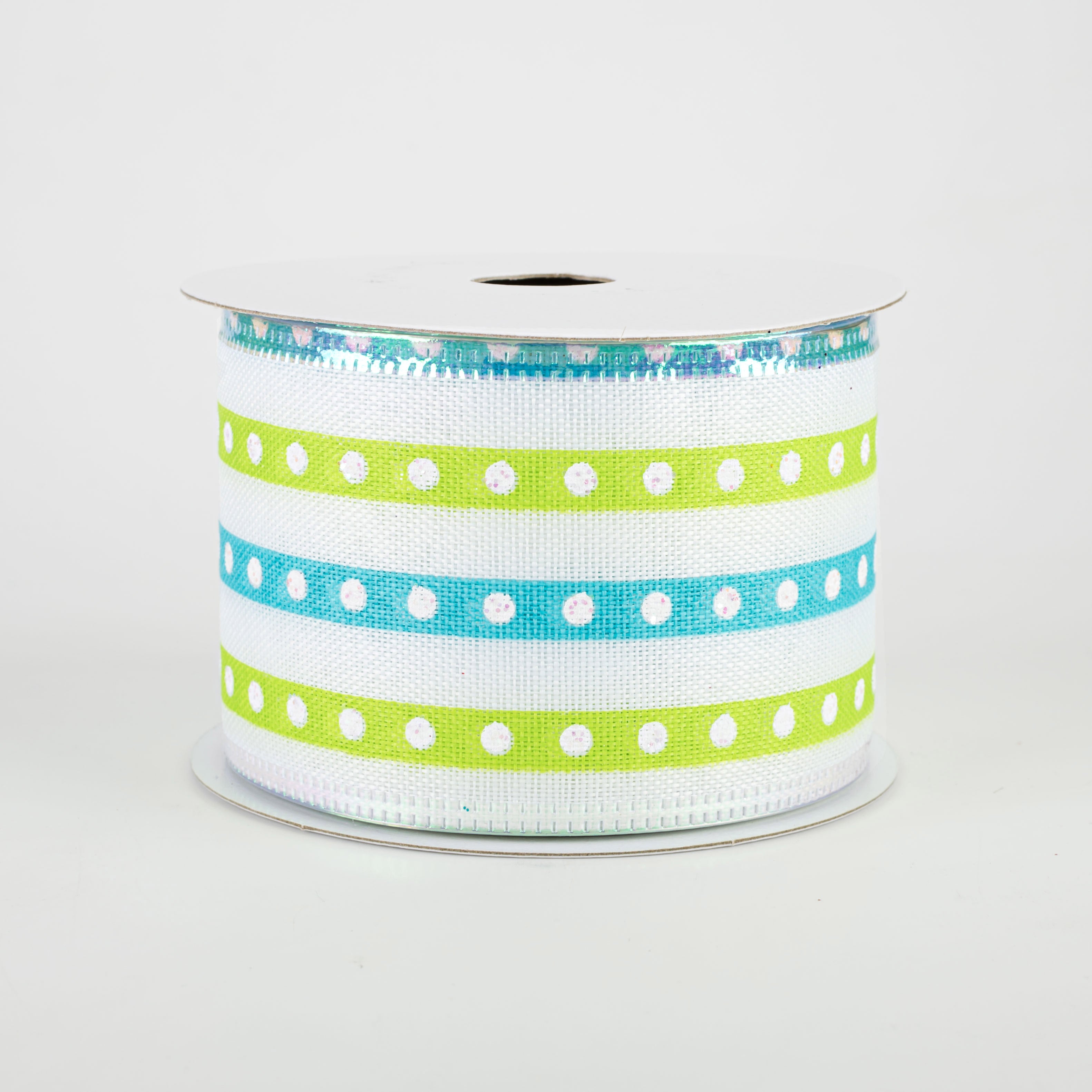 2.5" Glitter Studded Stripes Ribbon: Lime & Turquoise (10 Yards) Item Number: 45106-40-39