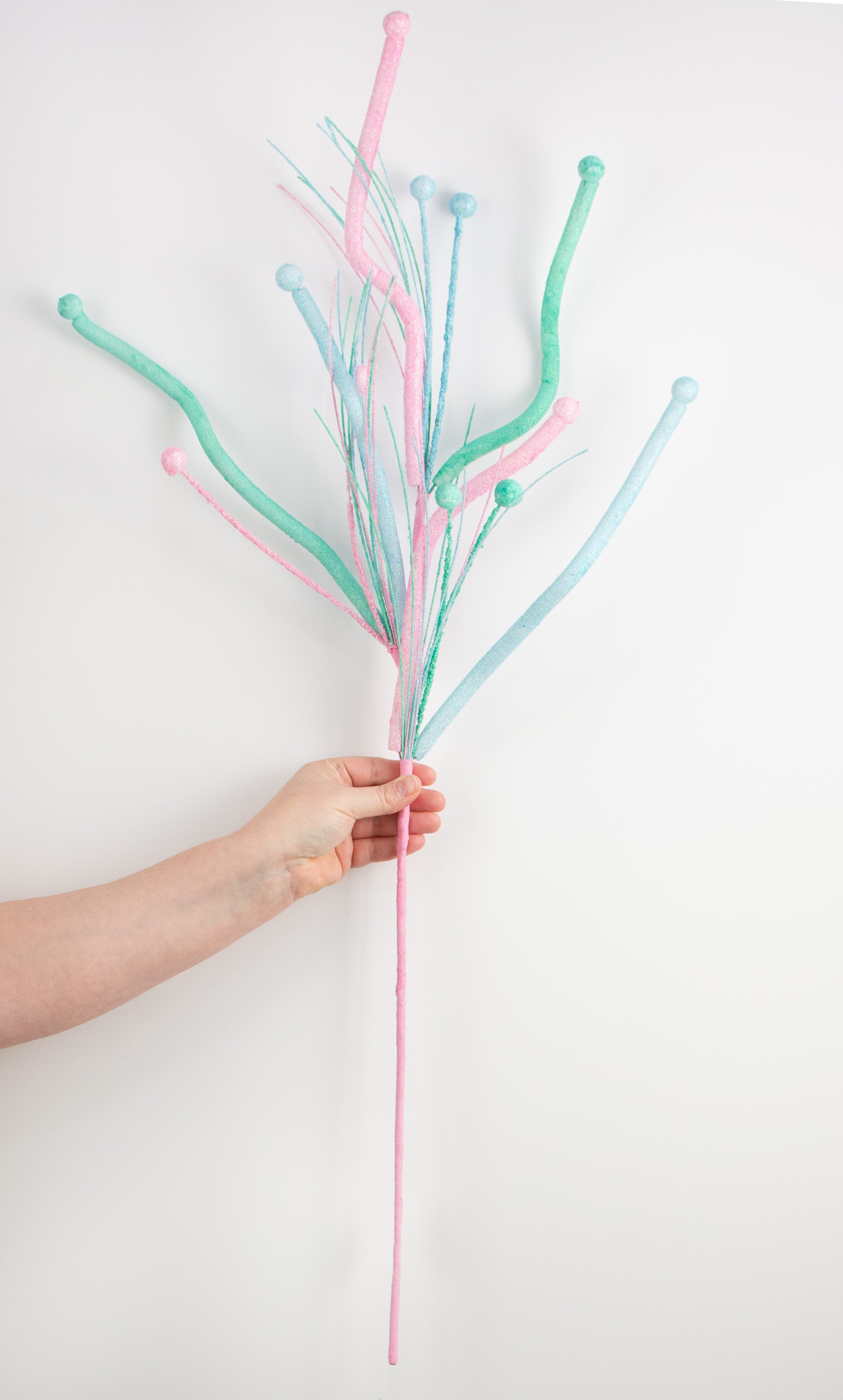 36" Glitter Twig Fishline Ball Spray: Iridescent Turquoise, Light Pink, Light Blue detail photo 3