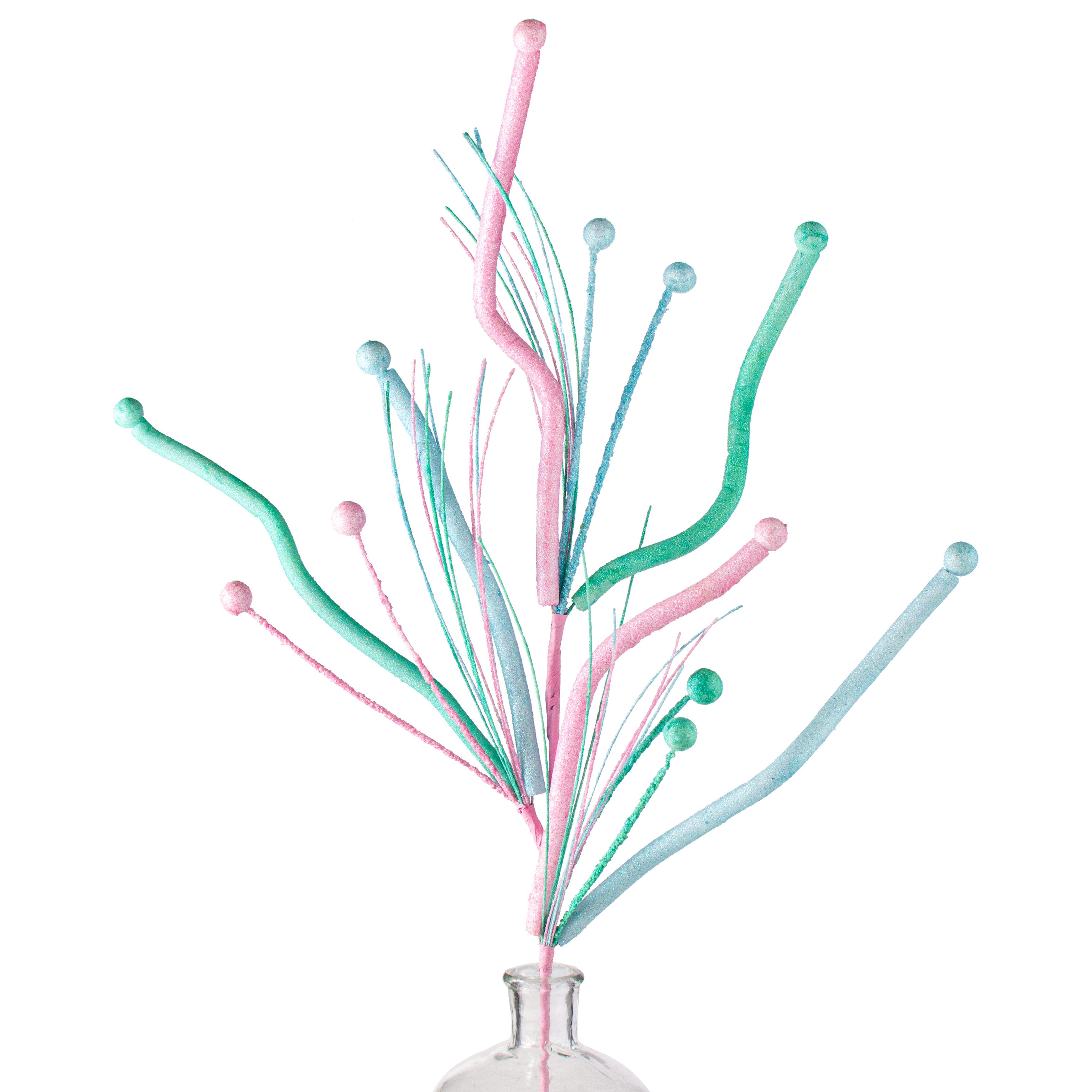 36" Glitter Twig Fishline Ball Spray: Iridescent Turquoise, Light Pink, Light Blue Item Number: MN0342J4