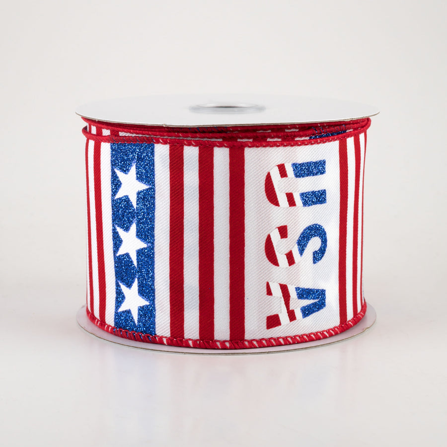 2.5" Glitter USA, Stripe, Star Ribbon: RWB (10 Yards)