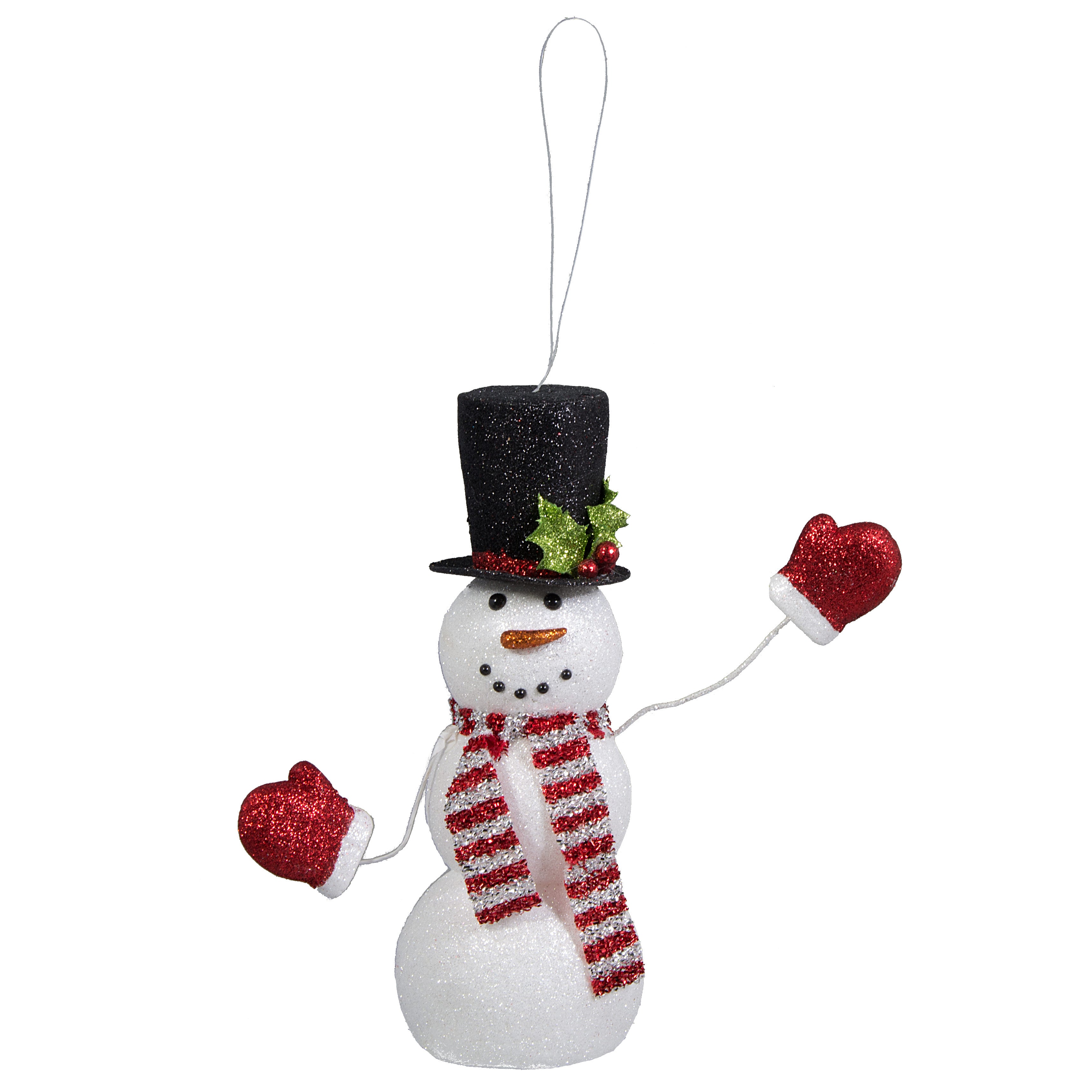 11" Glitter Waving Snowman Decoration: White, Black, Red Item Number: 82949RWG