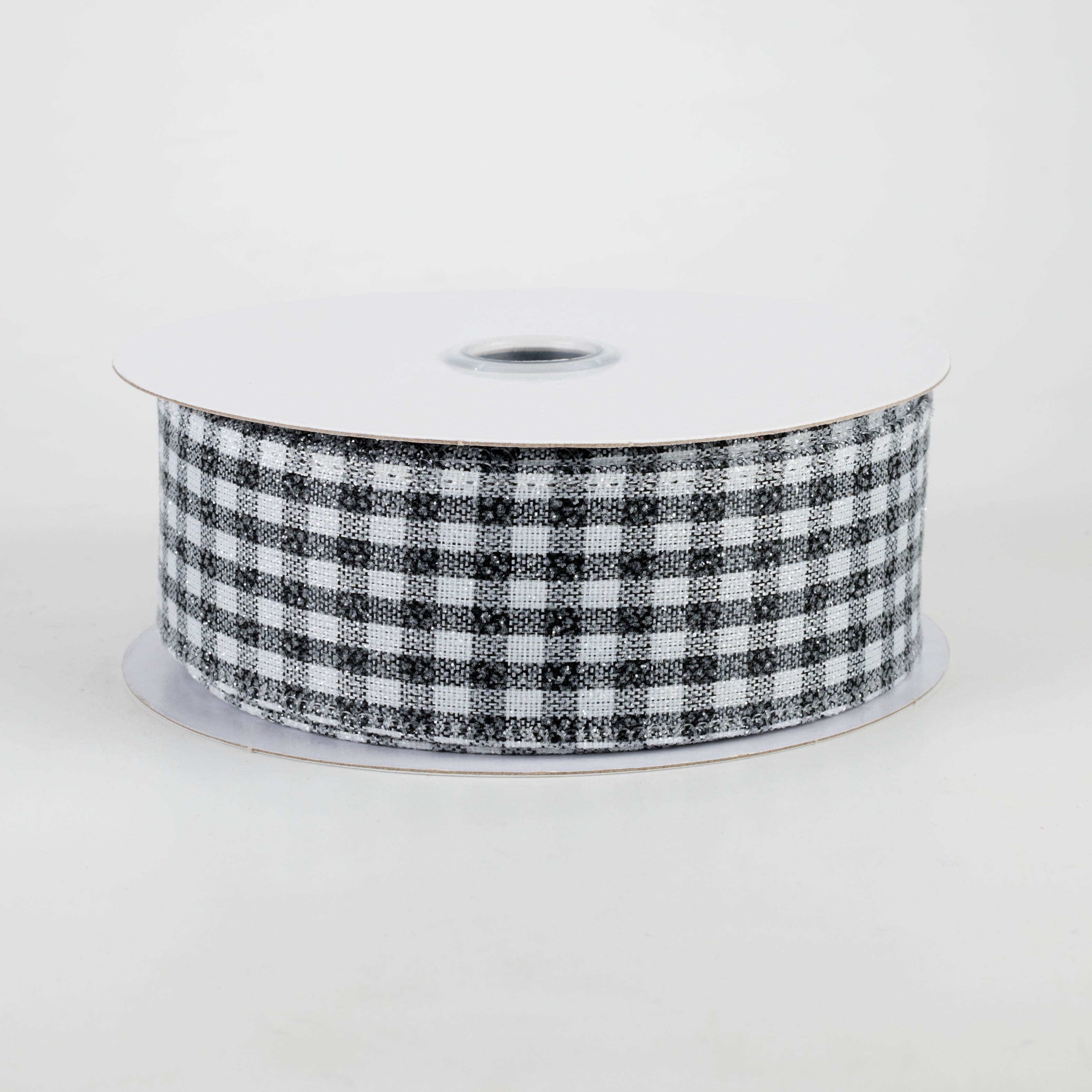 1.5" Glitter Woven Gingham Check Ribbon: Black (10 Yards)