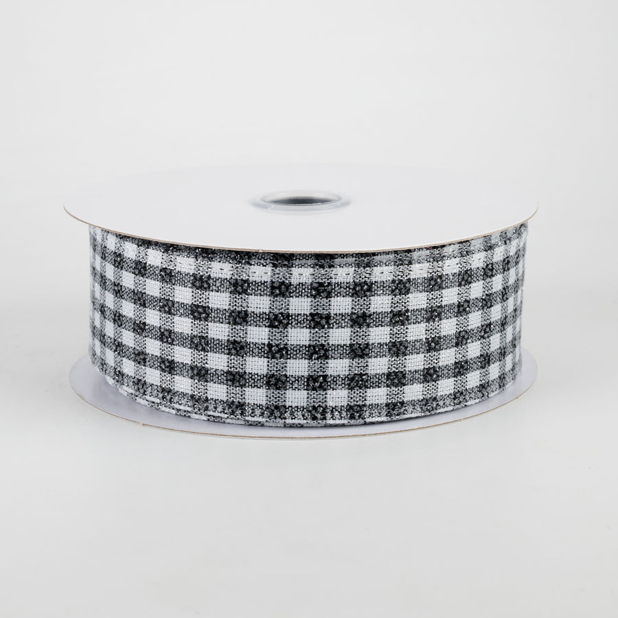 1.5" Glitter Woven Gingham Check Ribbon: Black (10 Yards)
