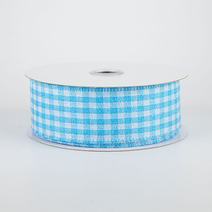 1.5" Glitter Woven Gingham Check Ribbon: Blue (10 Yards)
