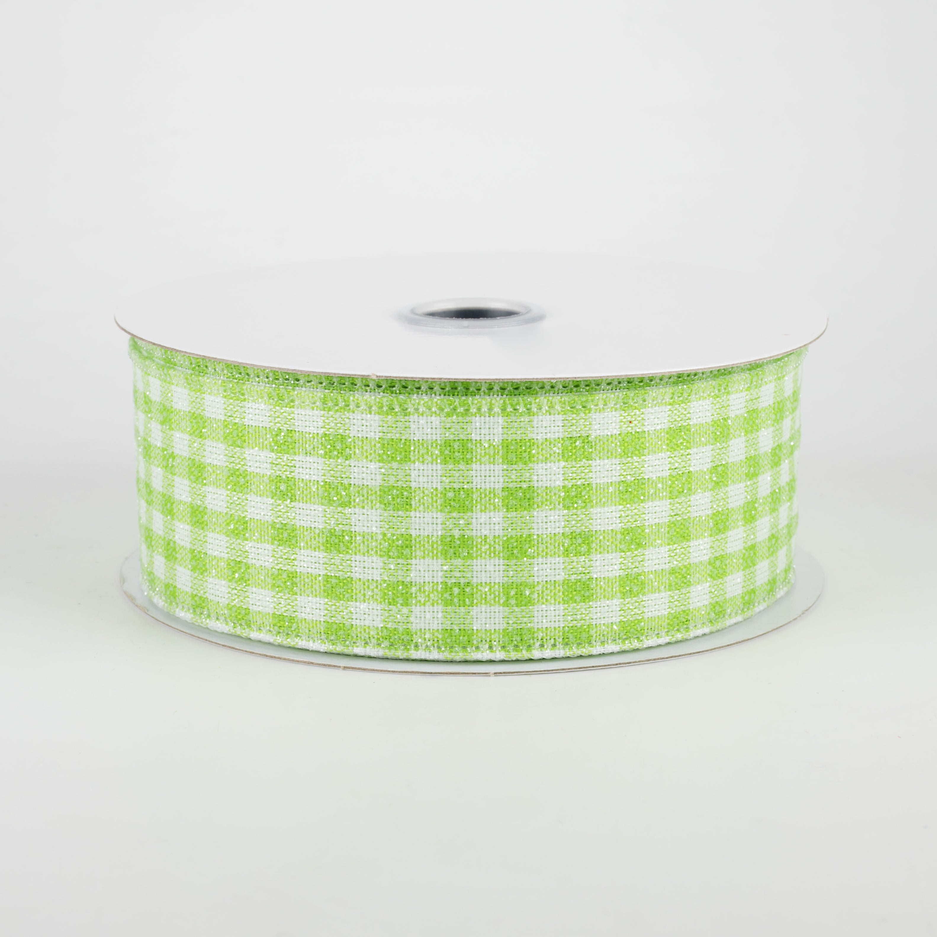 1.5" Glitter Woven Gingham Check Ribbon: Lime Green (10 Yards)