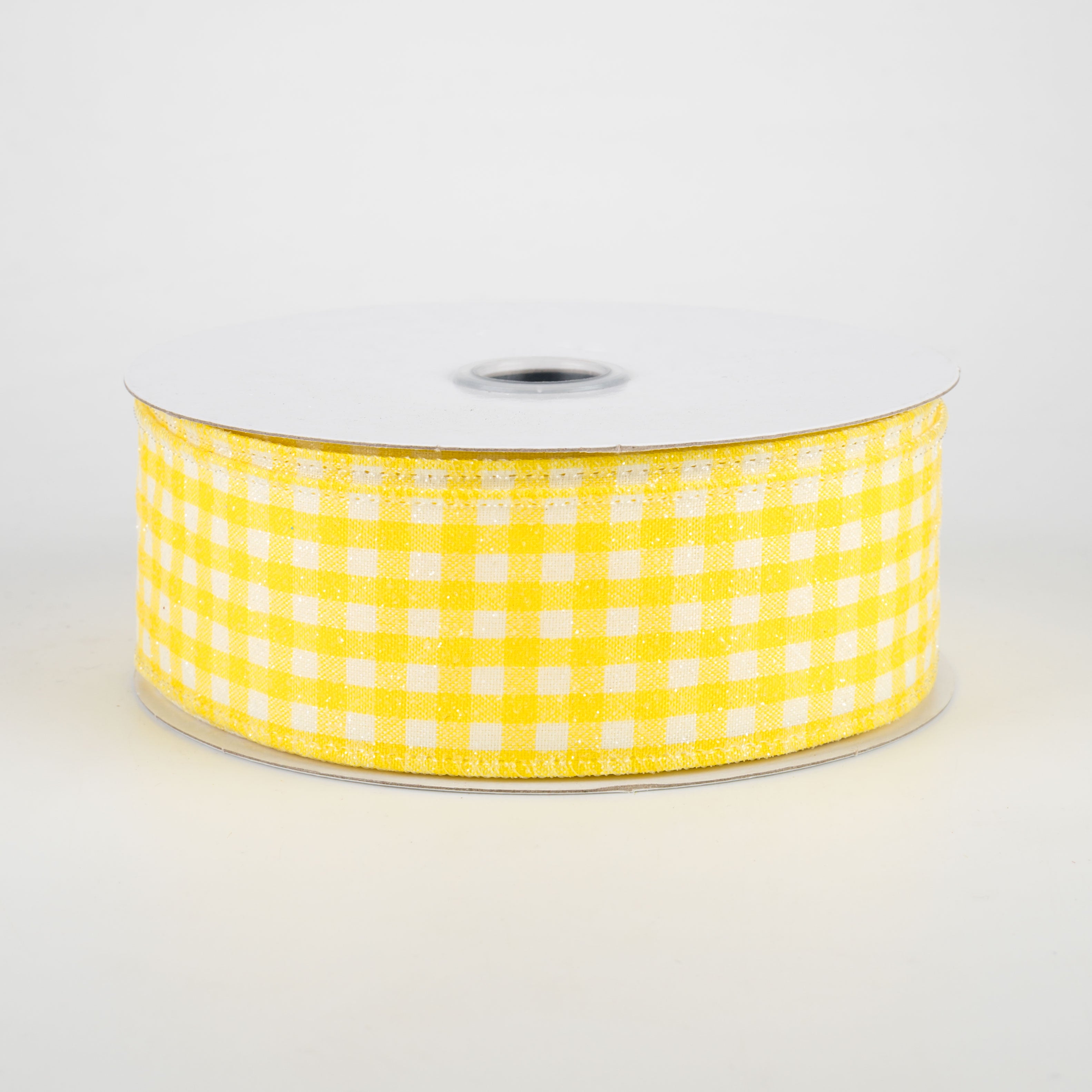 1.5" Glitter Woven Gingham Check Ribbon: Yellow (10 Yards)