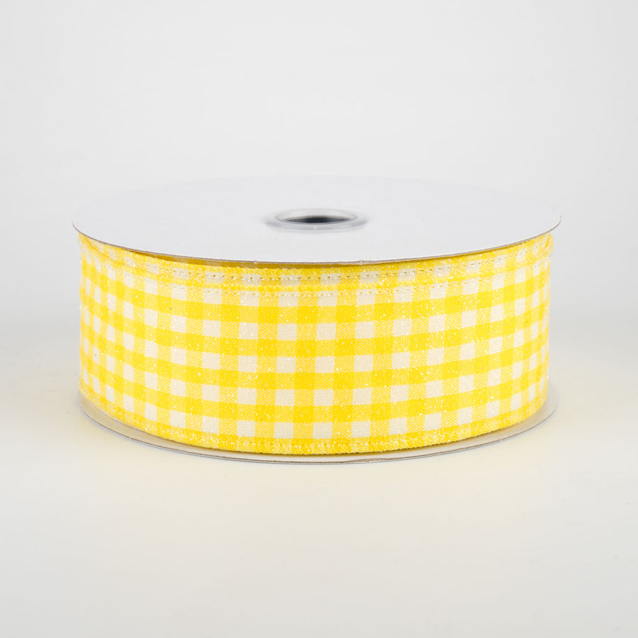 1.5" Glitter Woven Gingham Check Ribbon: Yellow (10 Yards)