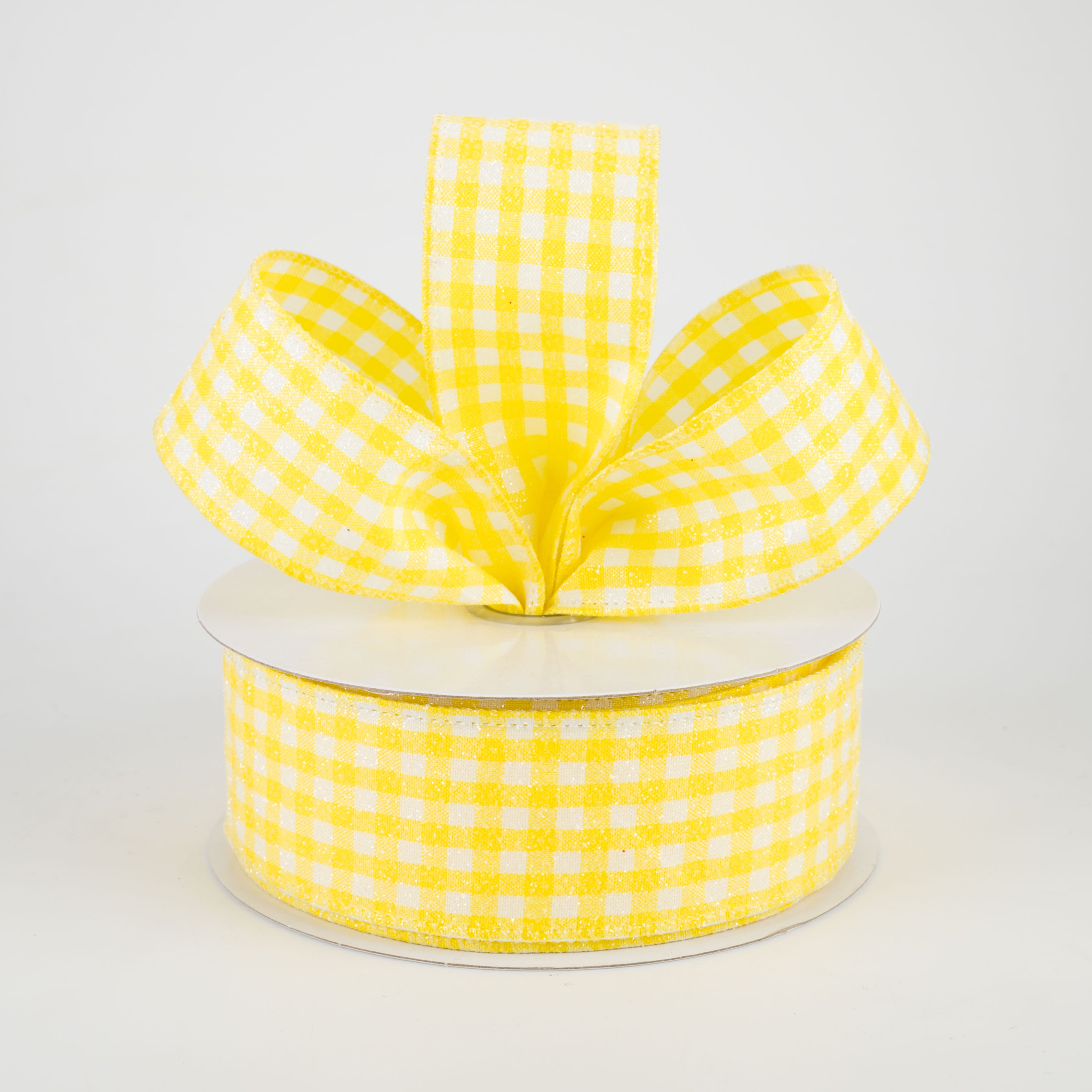 1.5" Glitter Woven Gingham Check Ribbon: Yellow (10 Yards) Lifestyle Photo