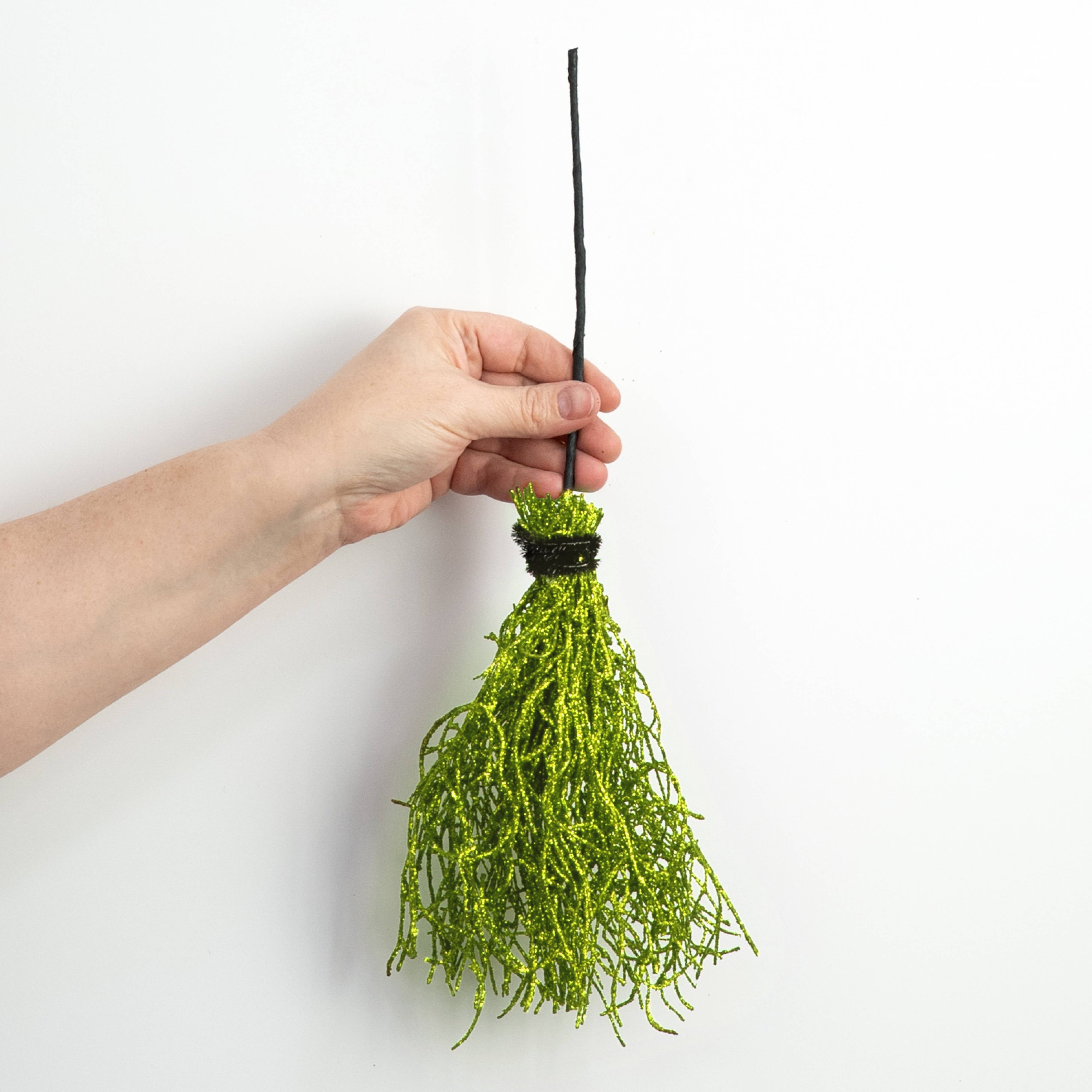 15" Glittered Angel Vine Witch Broom: Lime Green detail photo 3