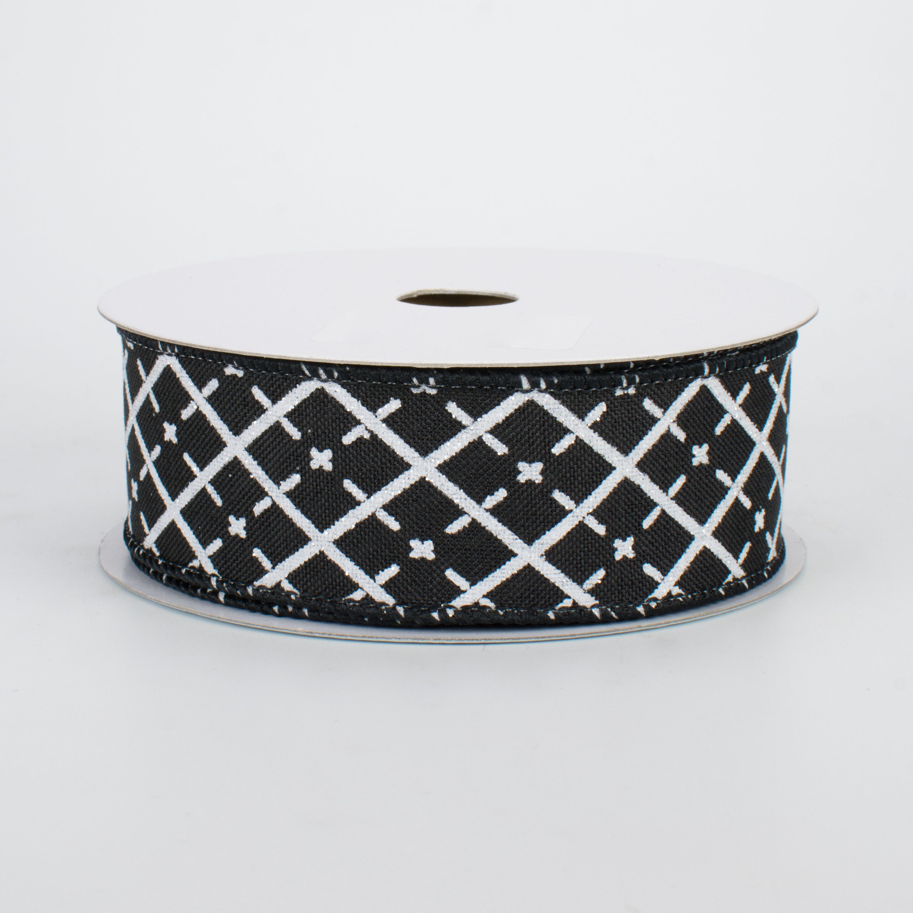 1.5" Glittered Argyle Ribbon: Black & White (10 Yards)