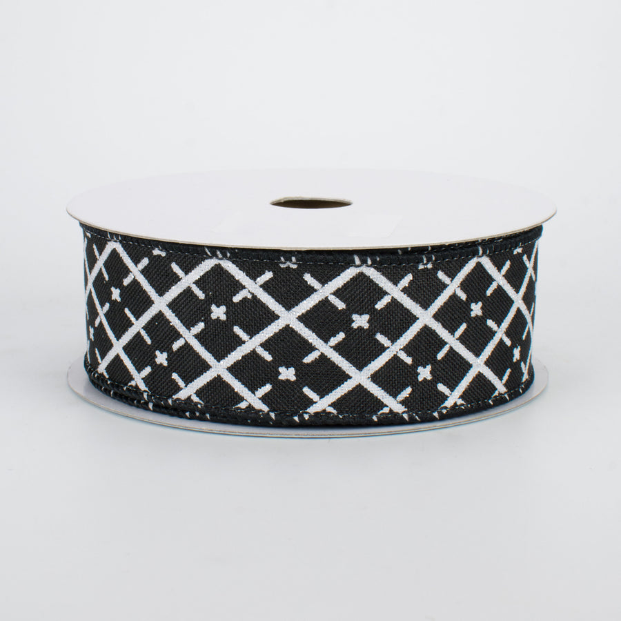 1.5" Glittered Argyle Ribbon: Black & White (10 Yards)