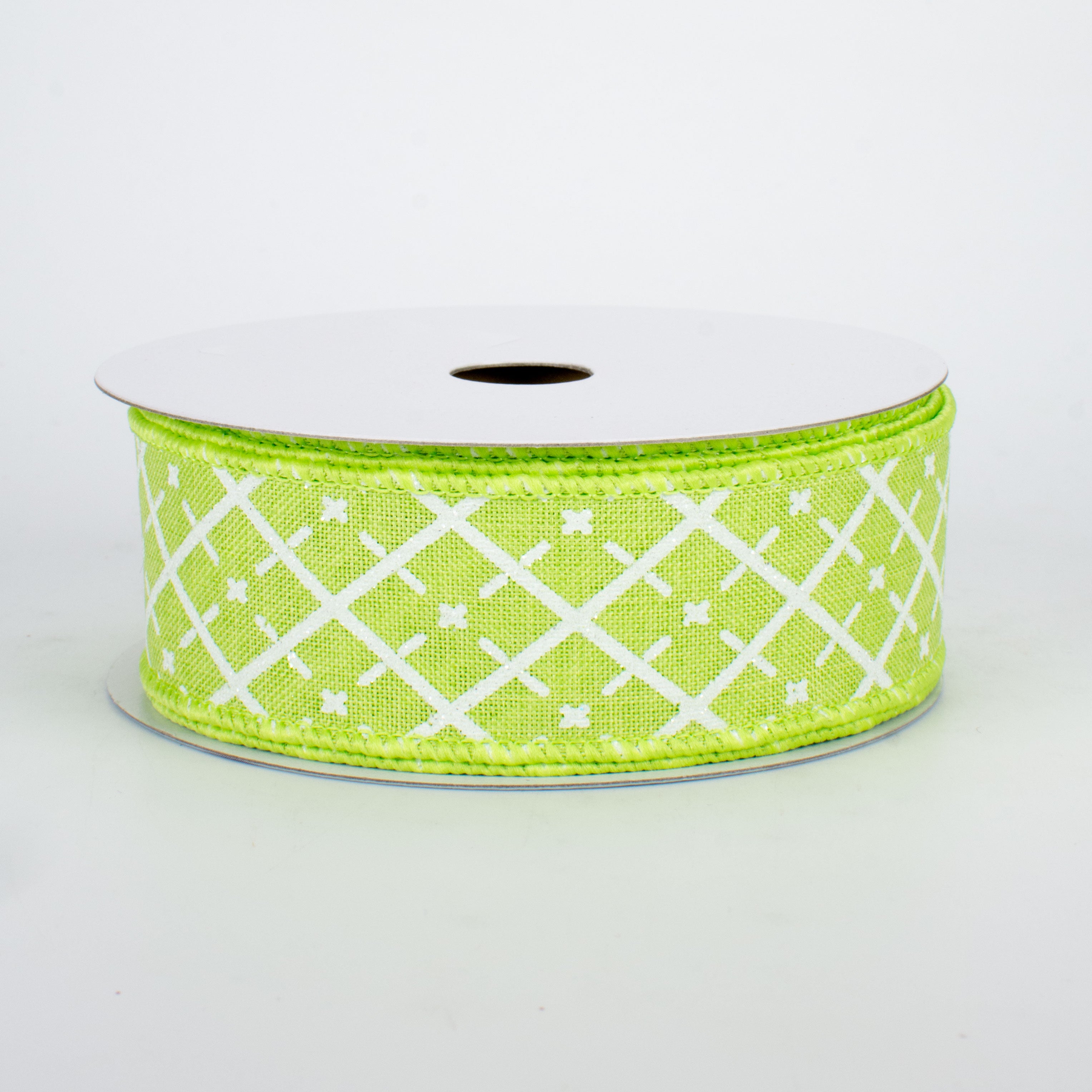 1.5" Glittered Argyle Ribbon: Bright Green & White (10 Yards)