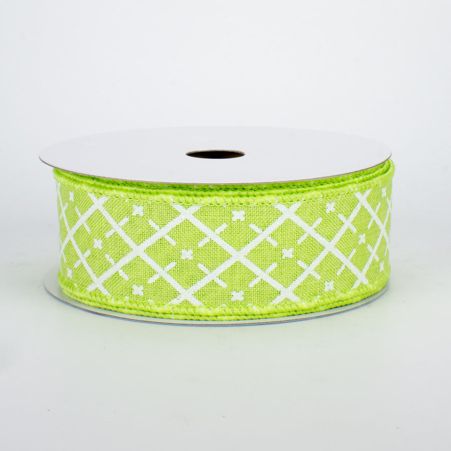 1.5" Glittered Argyle Ribbon: Bright Green & White (10 Yards)