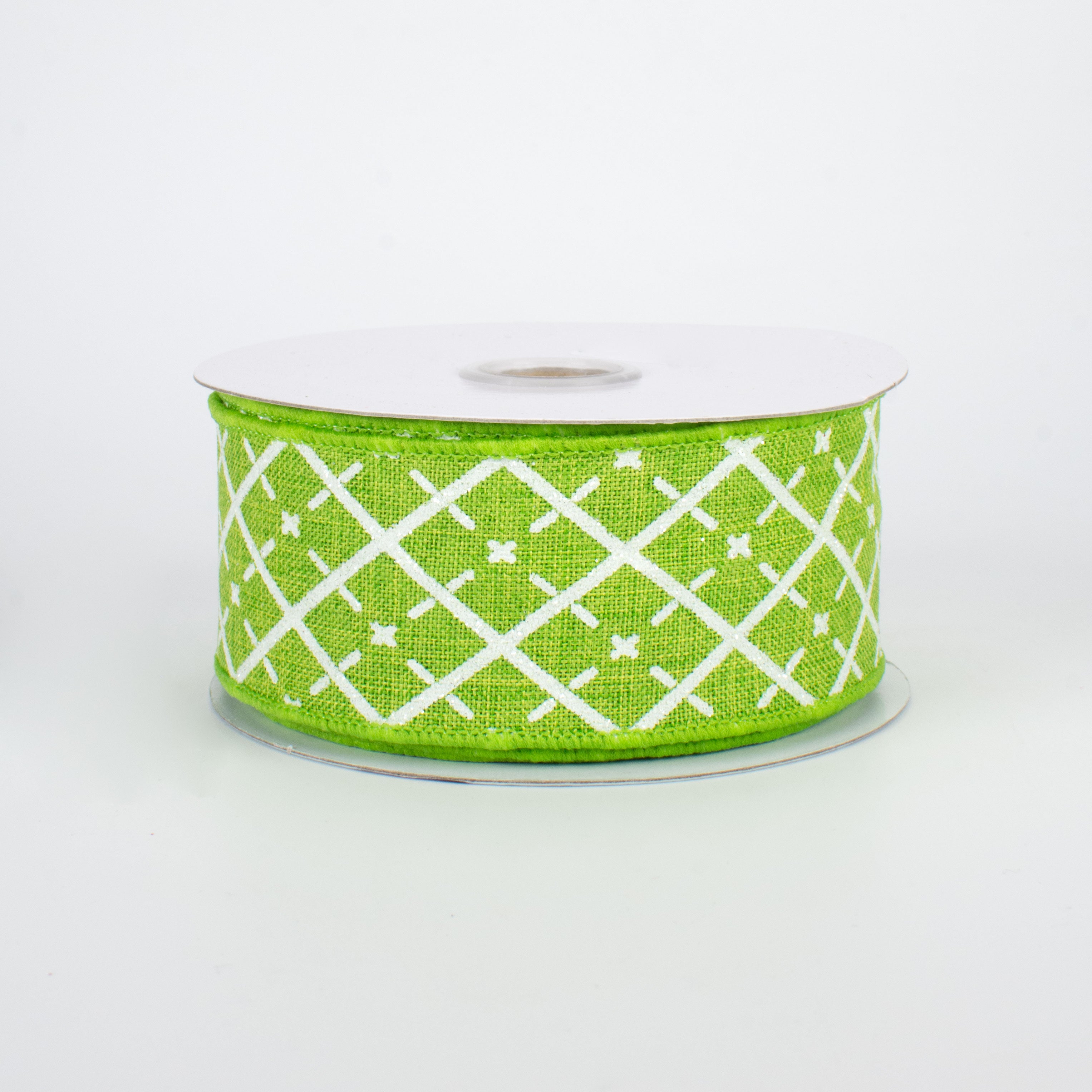 1.5" Glittered Argyle Ribbon: Fresh Green & White (10 Yards)