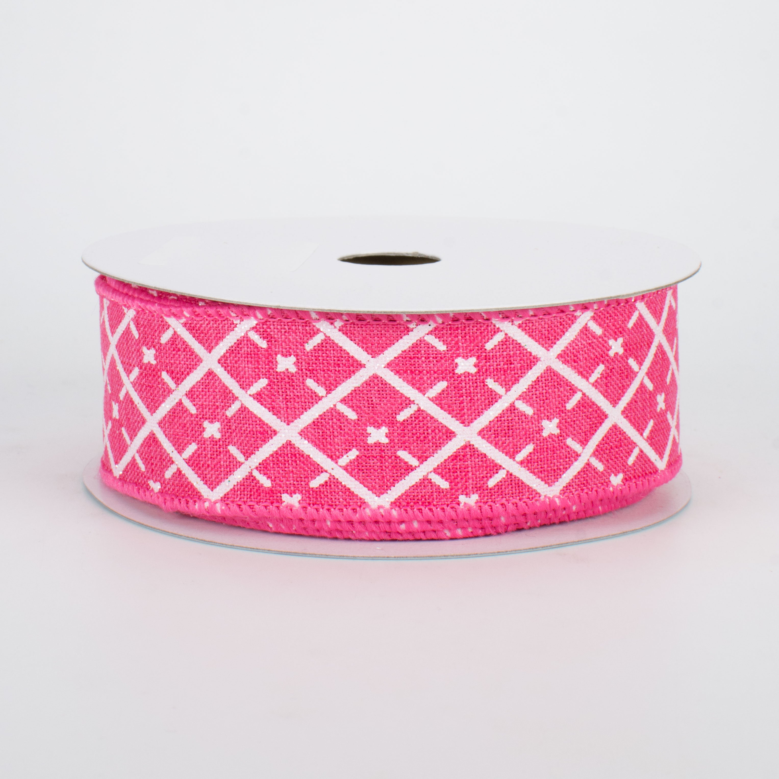 1.5" Glittered Argyle Ribbon: Hot Pink & White (10 Yards)