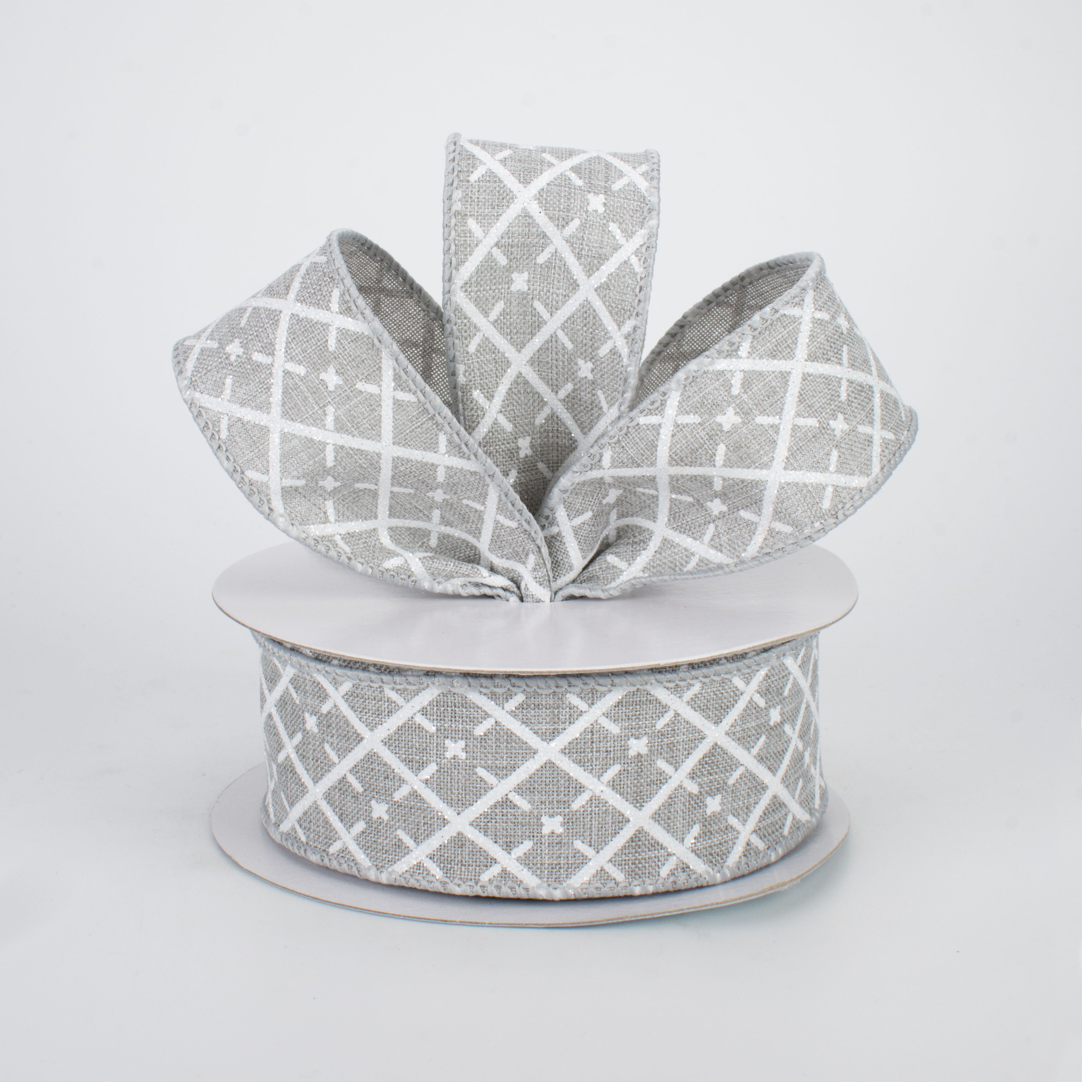 1.5" Glittered Argyle Ribbon: Light Grey & White (10 Yards) Lifestyle Photo