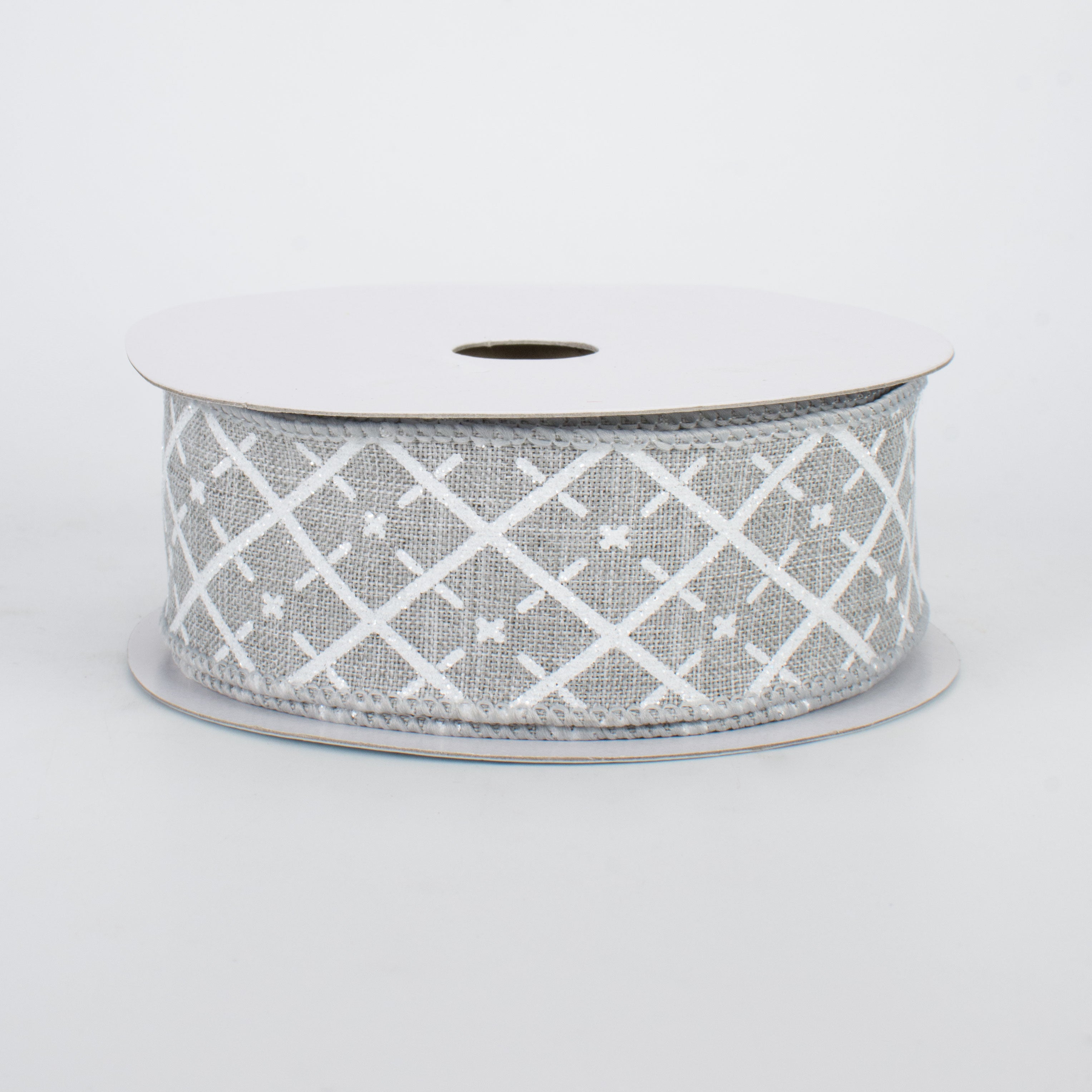1.5" Glittered Argyle Ribbon: Light Grey & White (10 Yards)