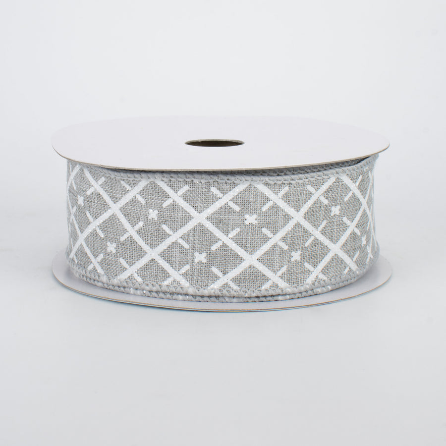 1.5" Glittered Argyle Ribbon: Light Grey & White (10 Yards)