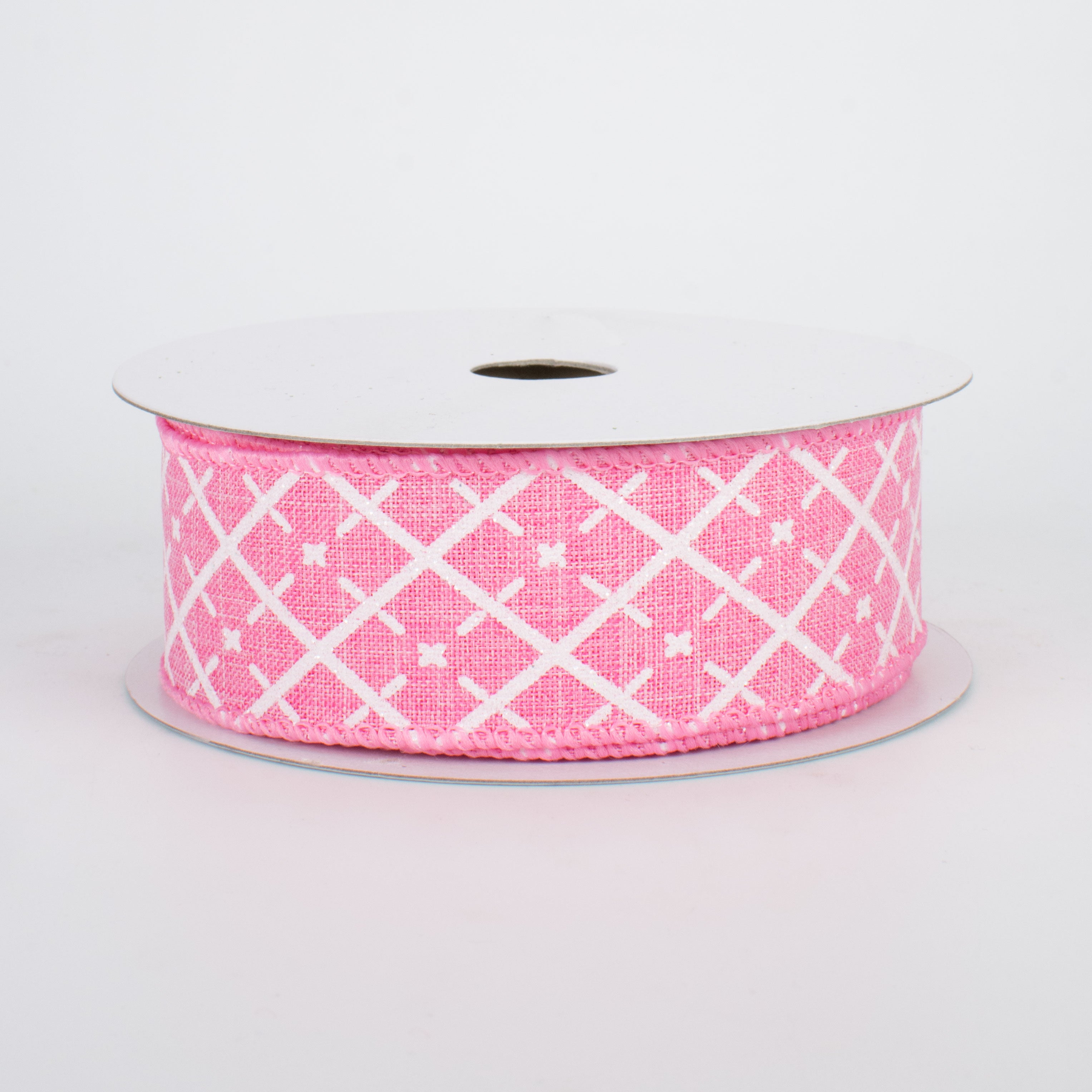 1.5" Glittered Argyle Ribbon: Pink & White (10 Yards)