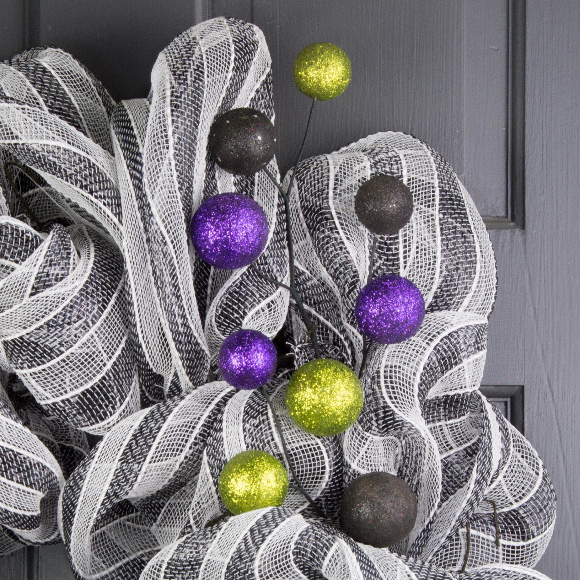 21" Glittered Ball Spray: Lime Green, Purple & Black detail photo 3