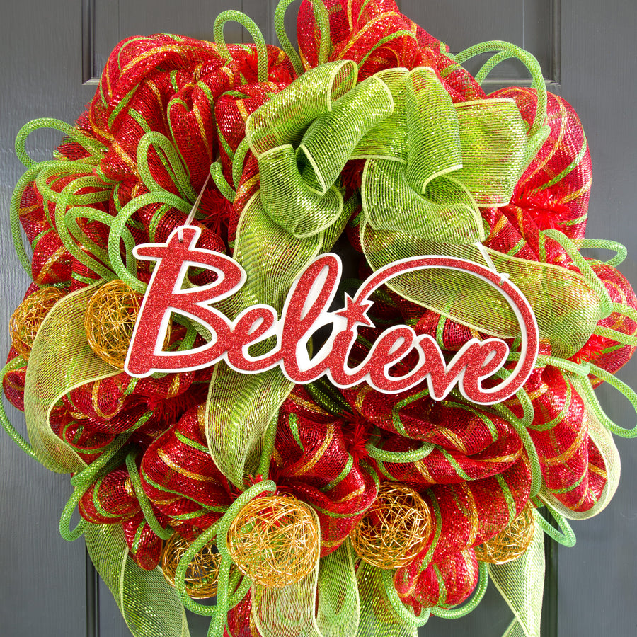 14" Glittered Believe Word Sign: Red & White Lifestyle Photo