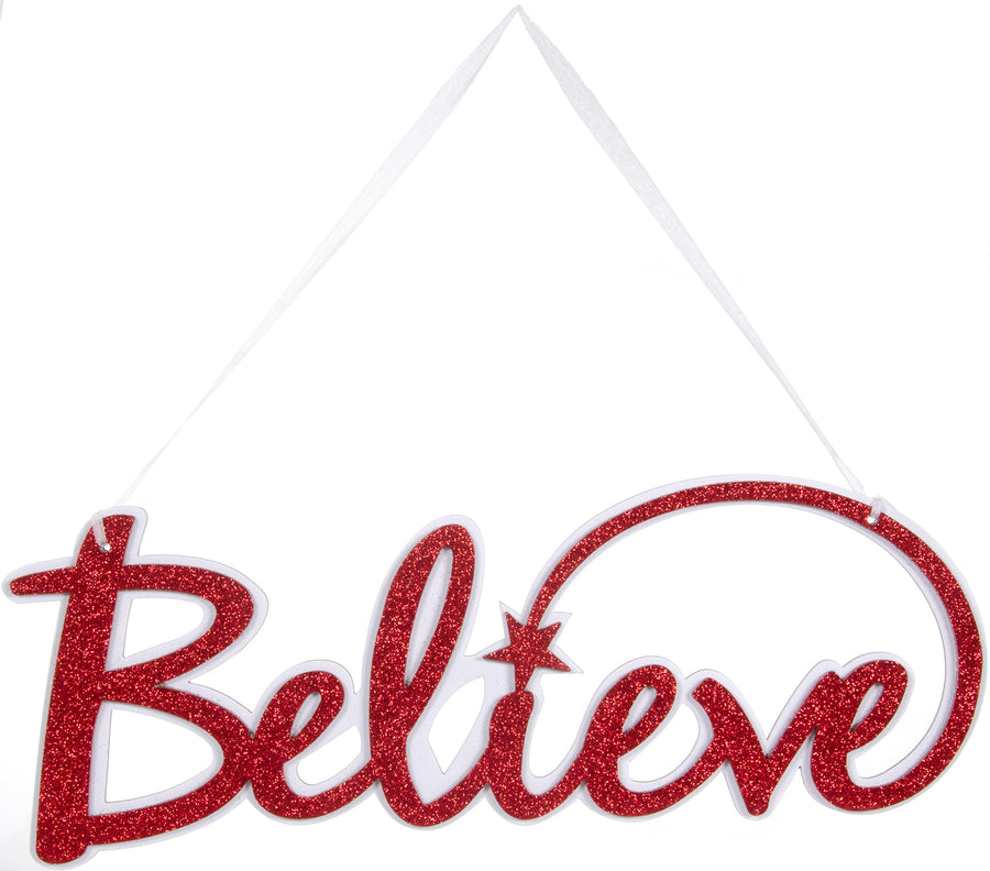 14" Glittered Believe Word Sign: Red & White Item Number: MS700024