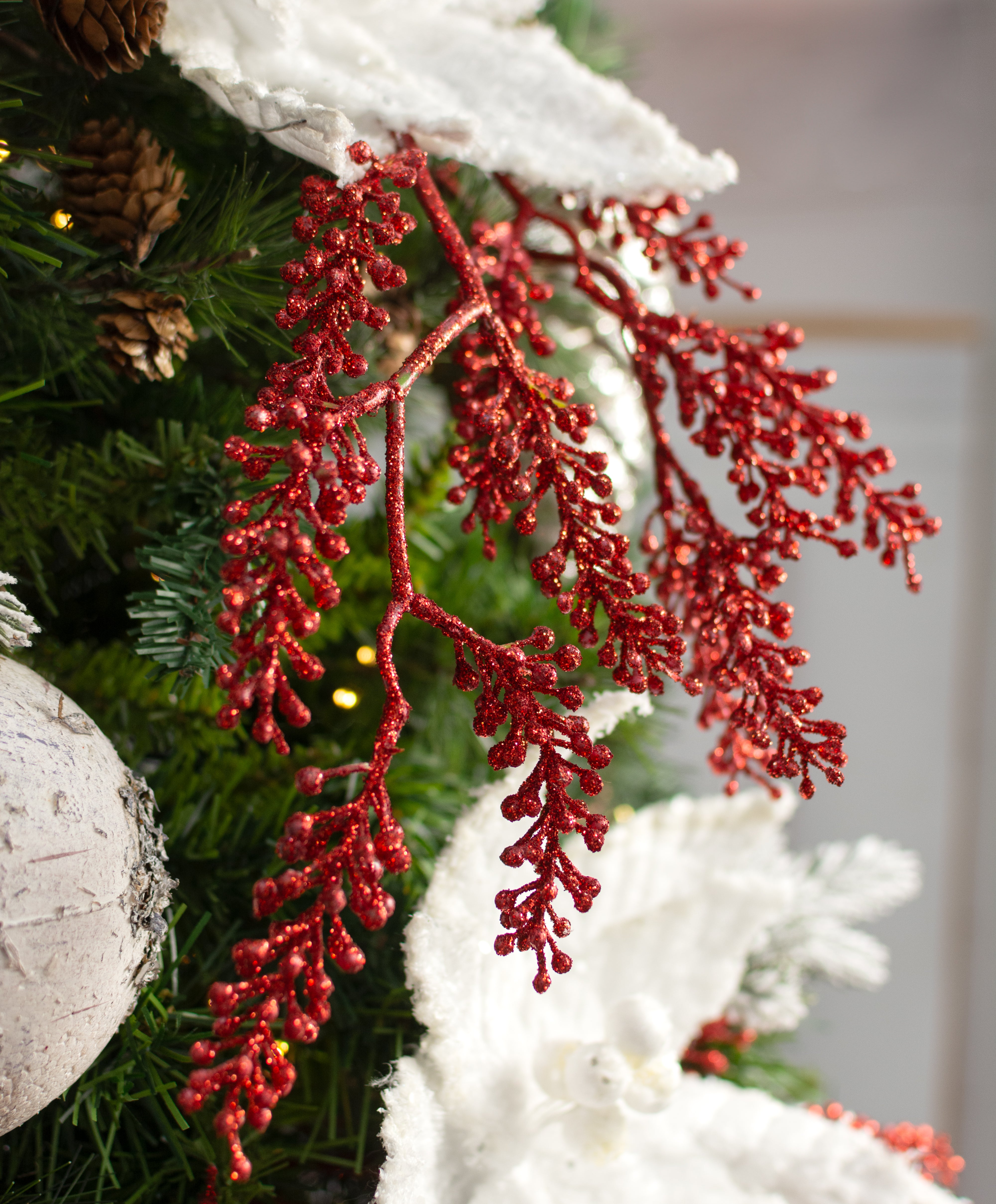 33" Glittered Berry Cluster Spray: Red detail photo 4