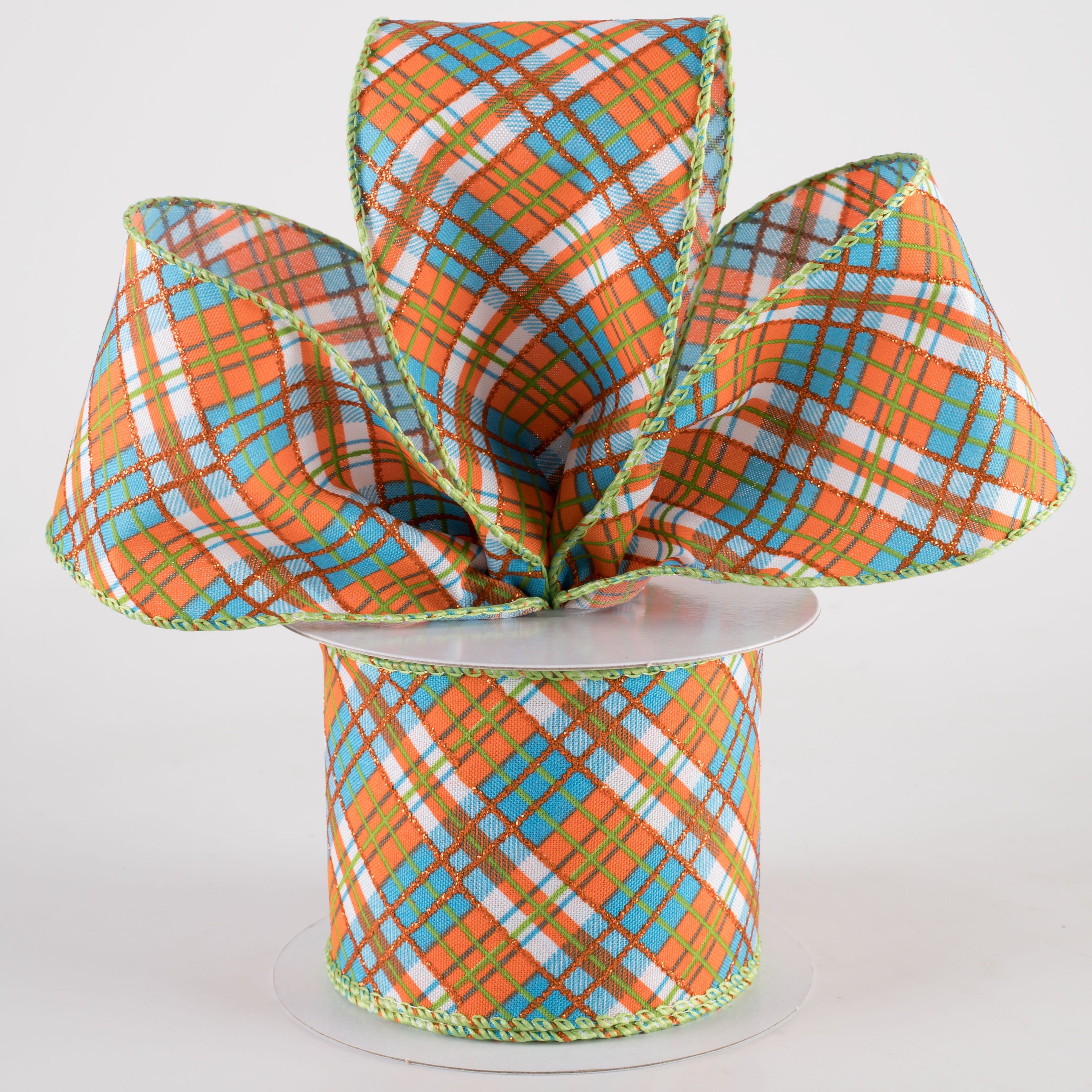 2.5" Glittered Busy Plaid Ribbon: Teal Blue, Orange & Lime Green (10 Yards) Lifestyle Photo