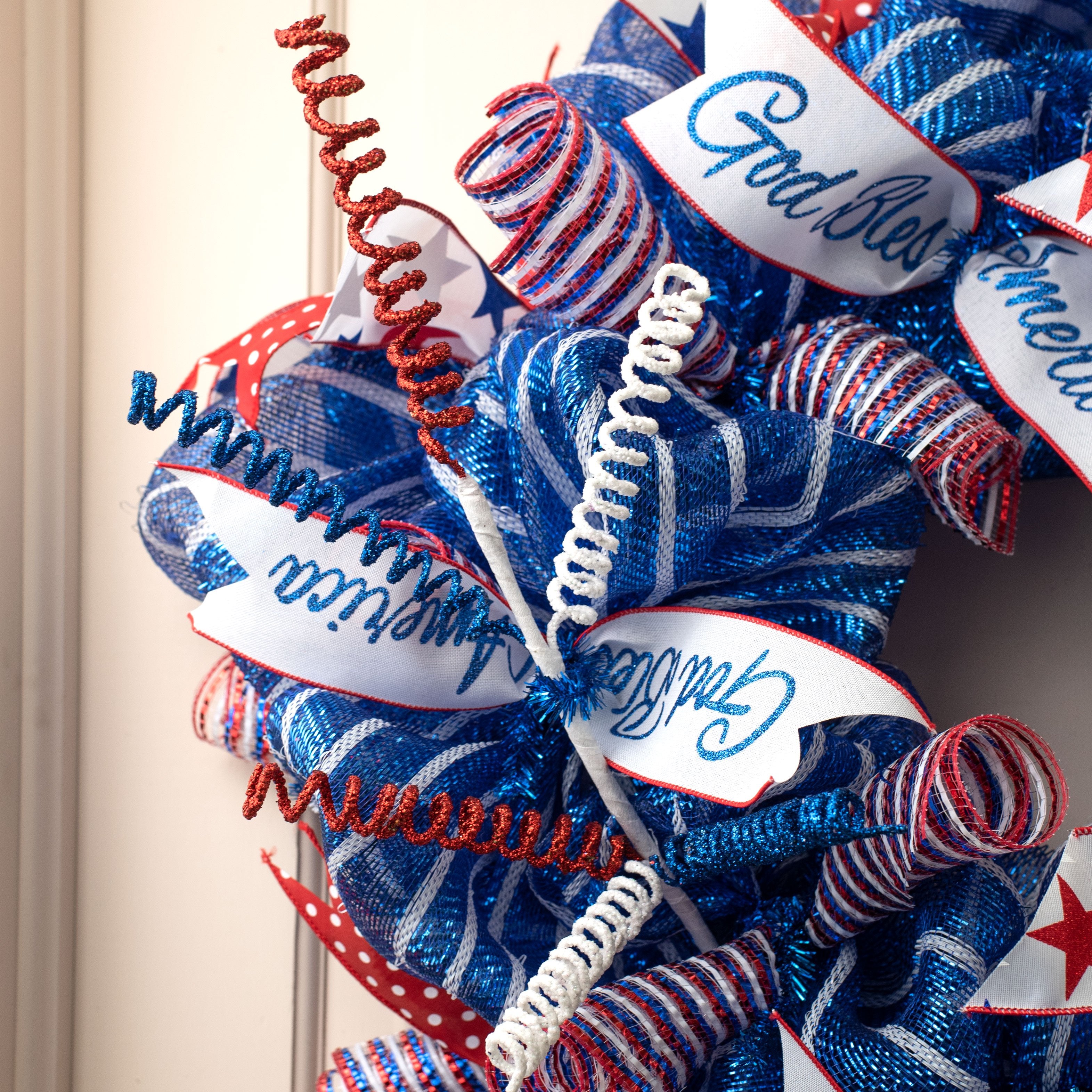 31" Glittered Curly Spiral Spray: Red, White & Blue Lifestyle Photo