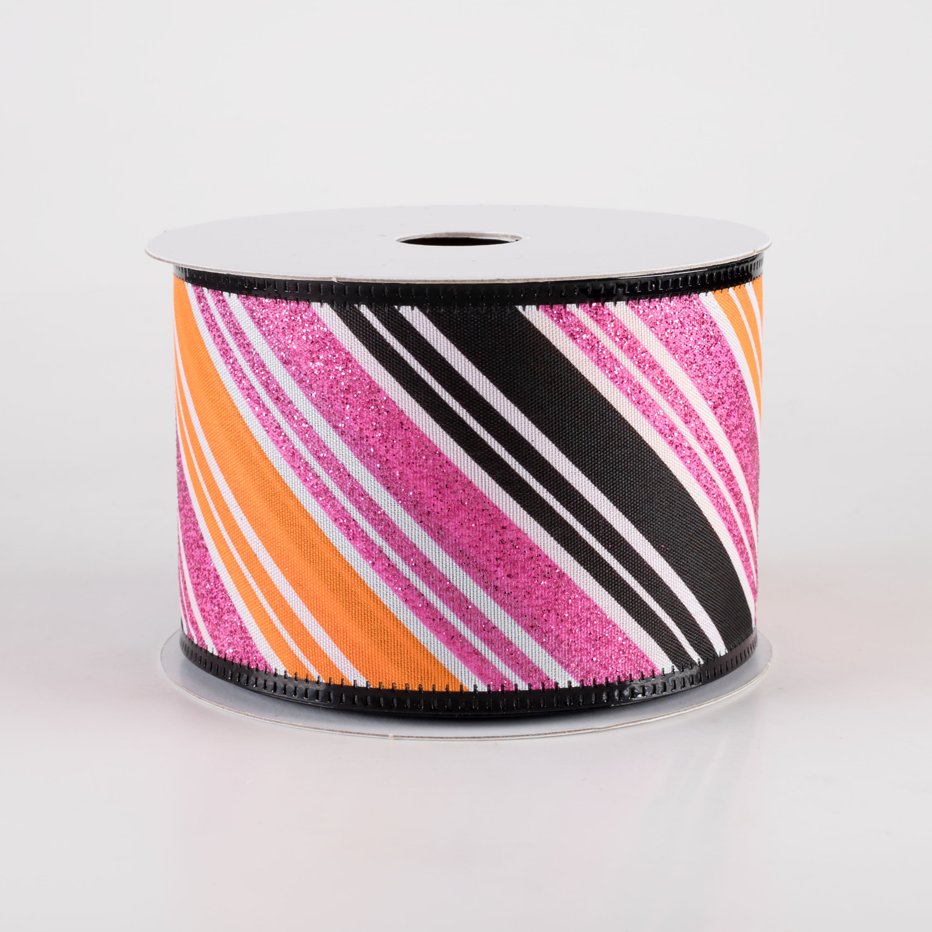 2.5" Glittered Diagonal Stripes Ribbon: Fuchsia Pink, Orange & Black (10 Yards) Item Number: 56425-40-03