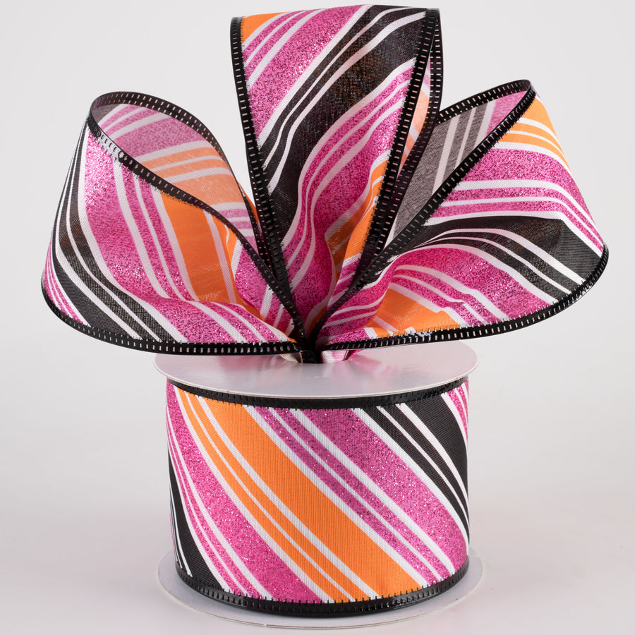 2.5" Glittered Diagonal Stripes Ribbon: Fuchsia Pink, Orange & Black (10 Yards) Lifestyle Photo